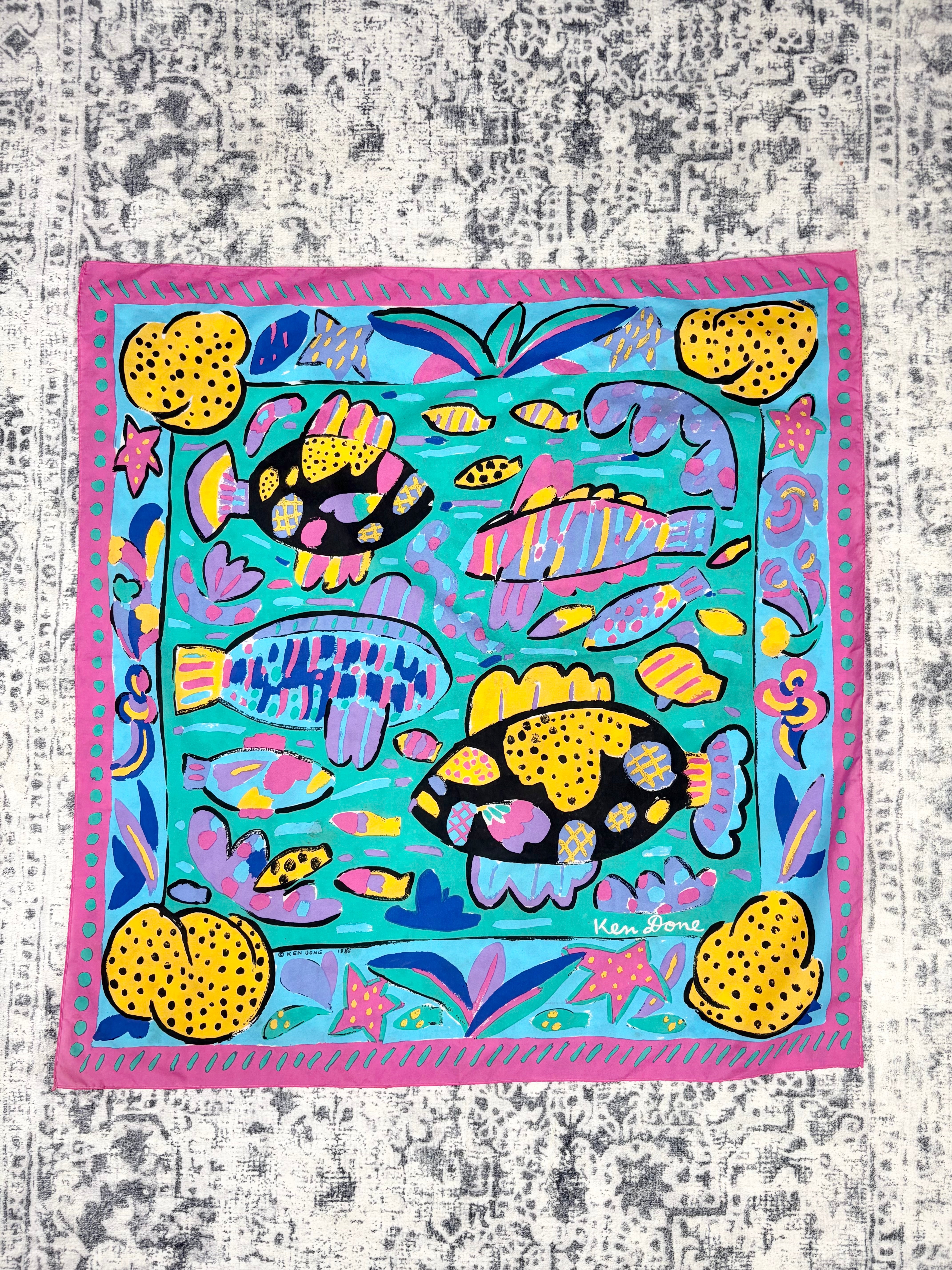 Vintage Ken Done Tropical Barrier Reef Fish Pattern Scarf