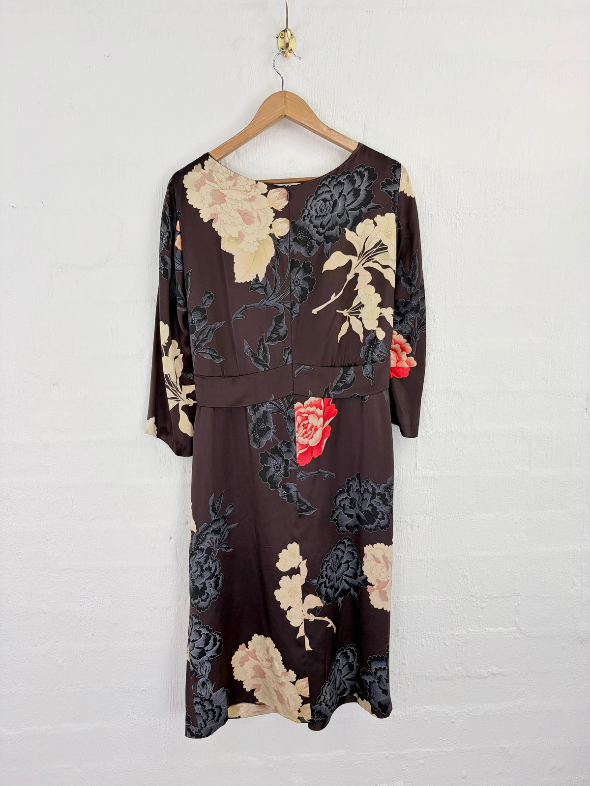 Boss Hugo Boss Expresso & Cream Silk Floral Faux Wrap Dress - AU14
