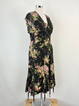 Vintage 90s Studibaker Black Floral Ruched & Pleated Midi Dress - AU10/12
