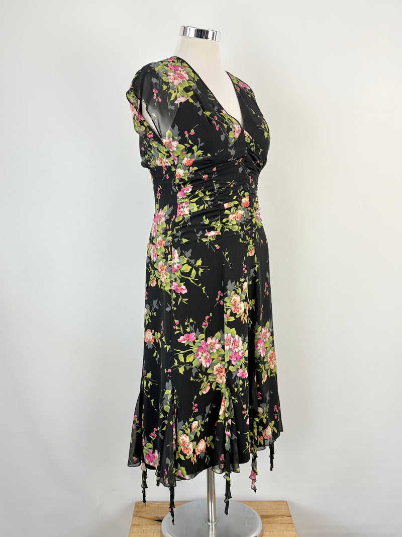 Vintage 90s Studibaker Black Floral Ruched & Pleated Midi Dress - AU10/12