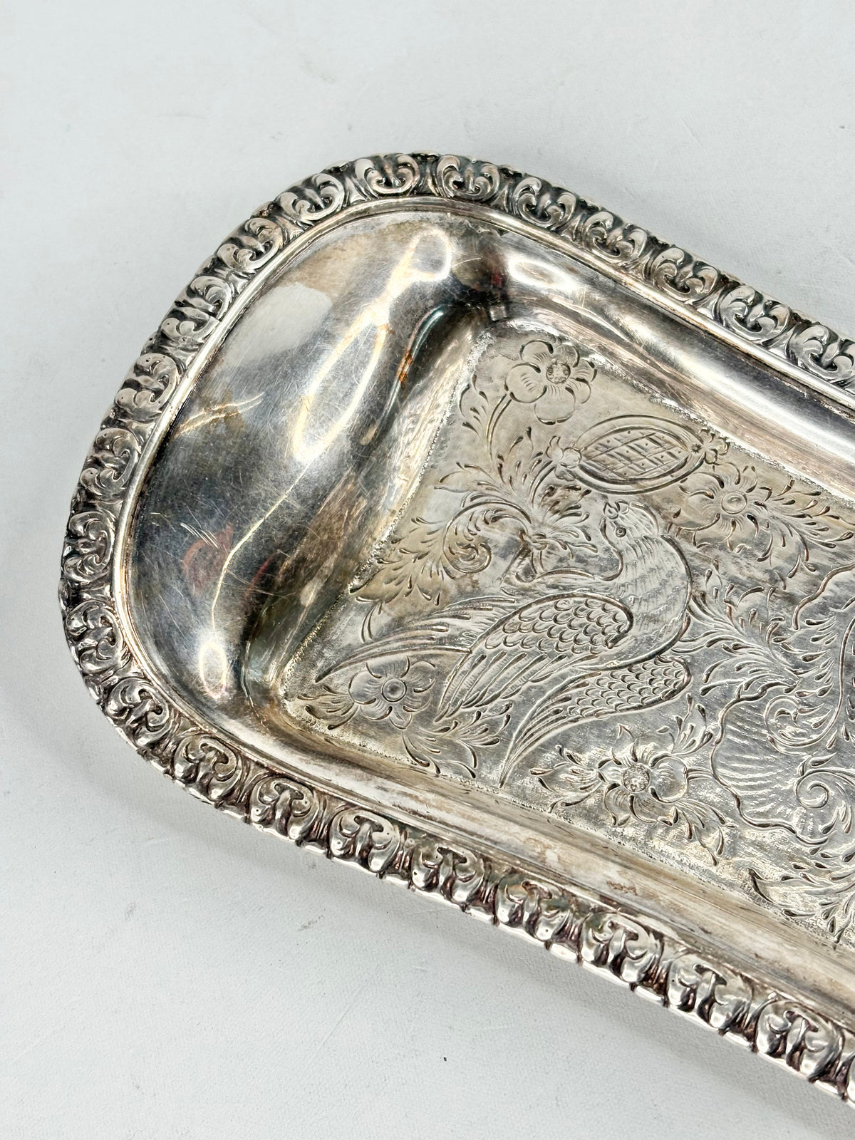 Vintage Bird Engraved Silver Tray