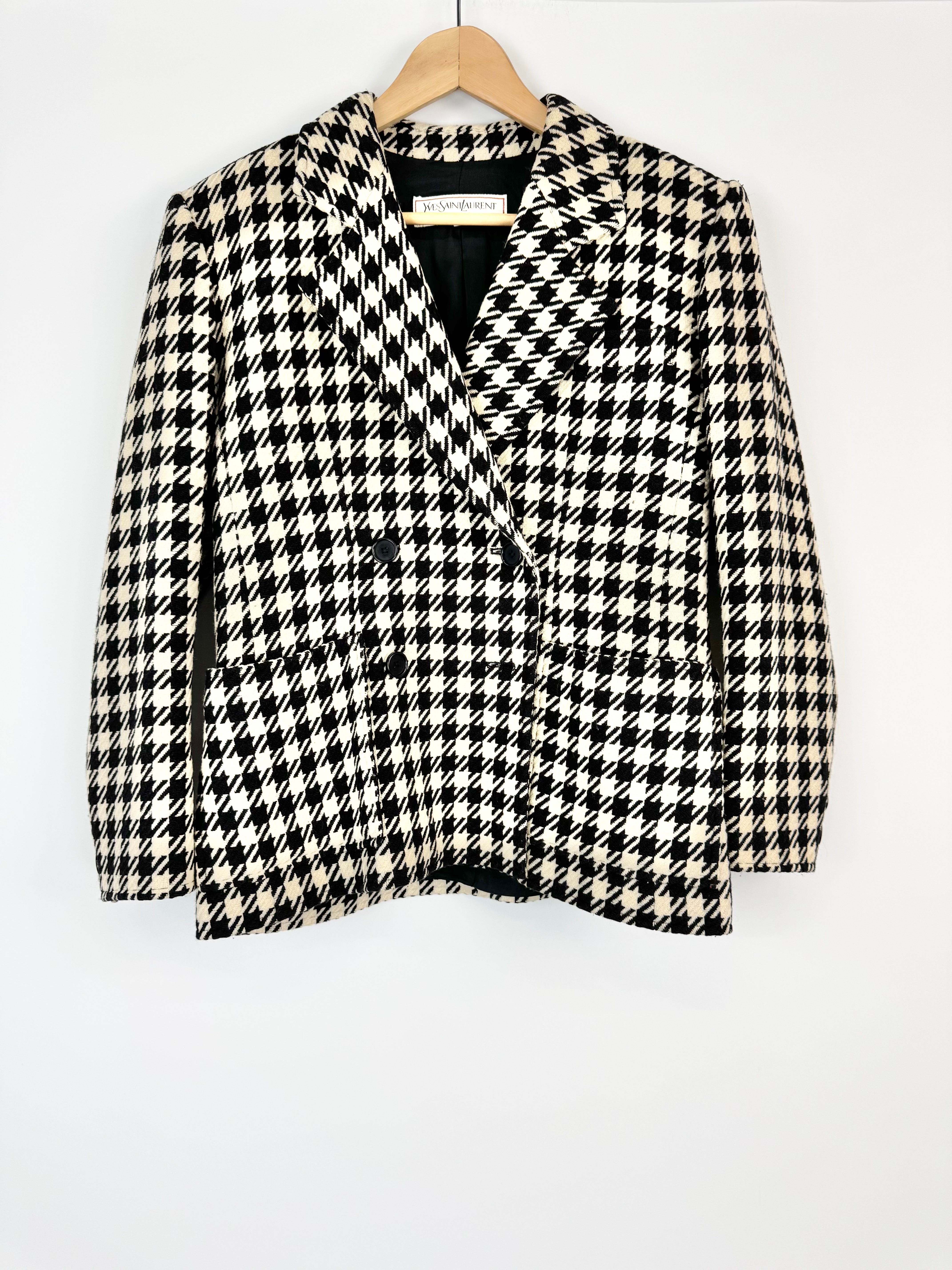 Vintage 90s Yves Saint Laurent Variation Black & White Houndstooth Double-Breasted Jacket - AU10