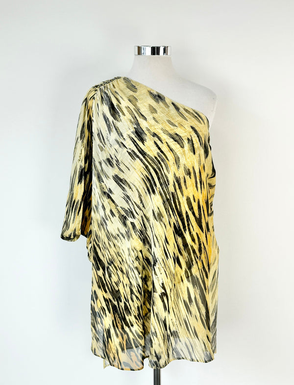 Roberto Cavalli Tiger Pattern Silk Off Shoulder Dress  - AU10/12