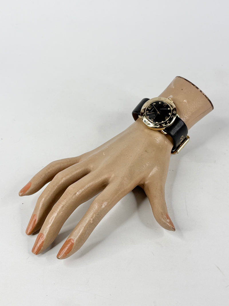 Marc by Marc Jacobs Amy Black Leather & Yellow Gold Watch