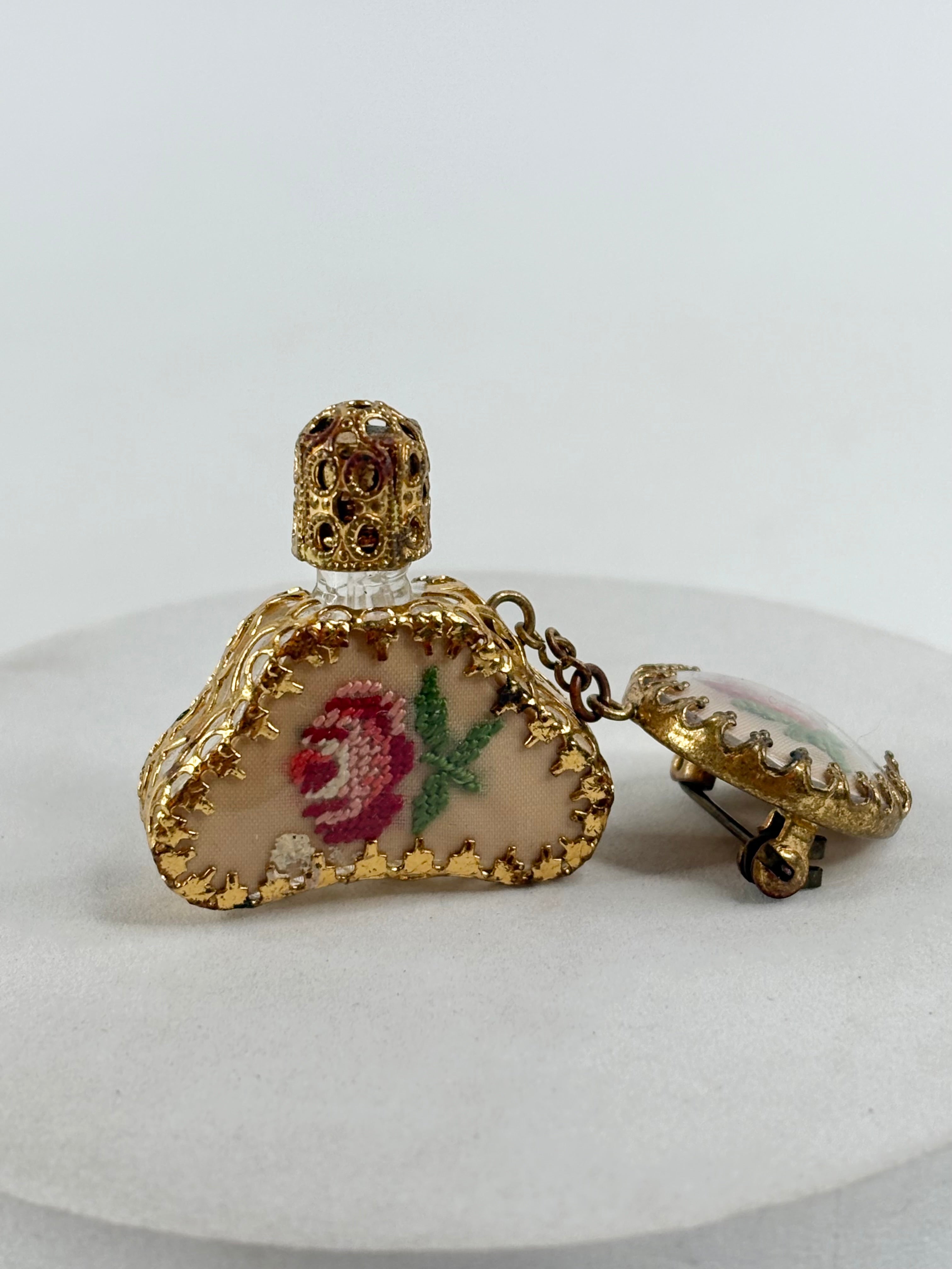 Vintage 50s Petit Point Filigree Perfume Bottle & Chatelaine Chain Brooch
