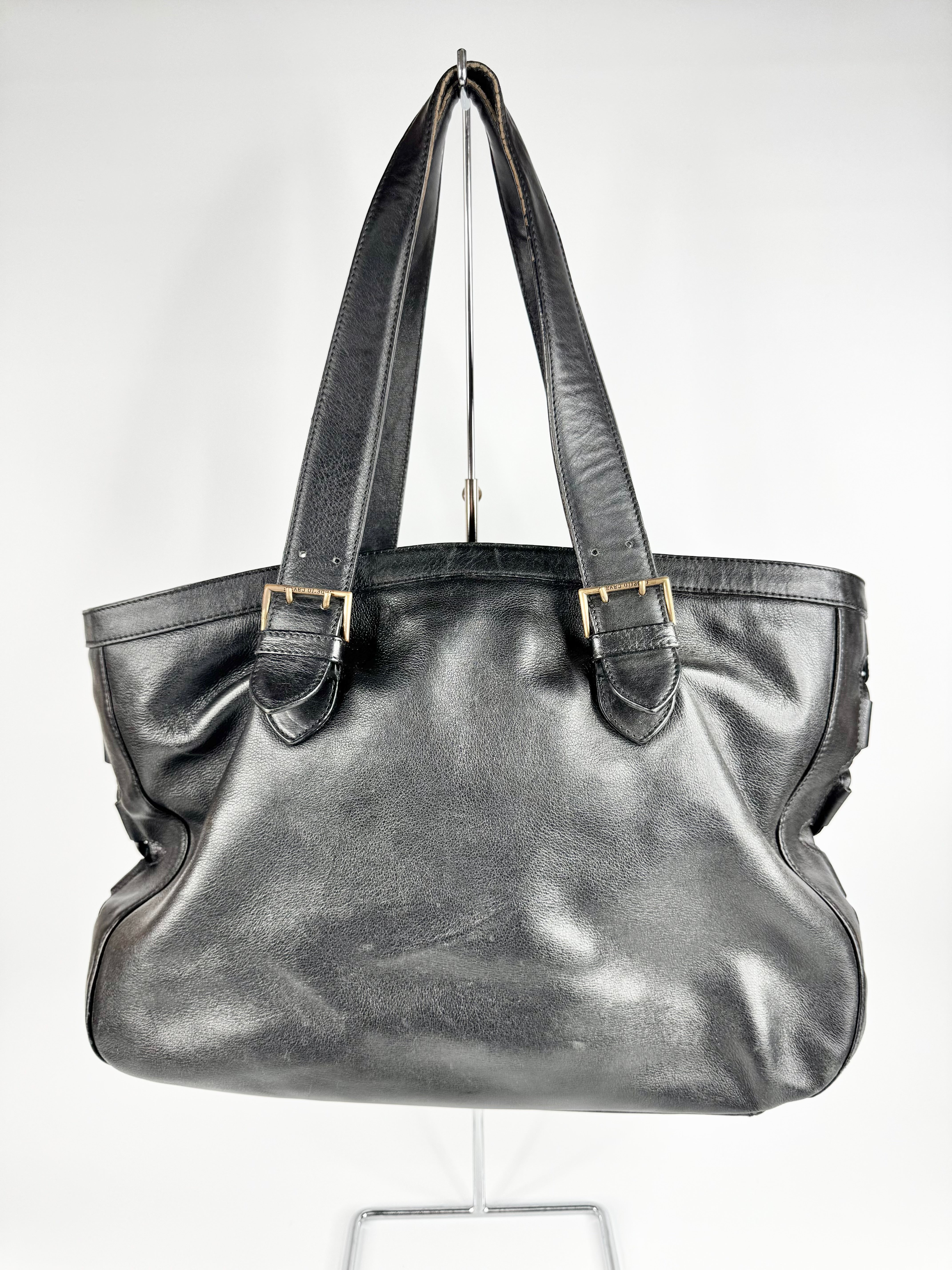 Roberto Cavalli Black Leather Corset Laced Tote Bag