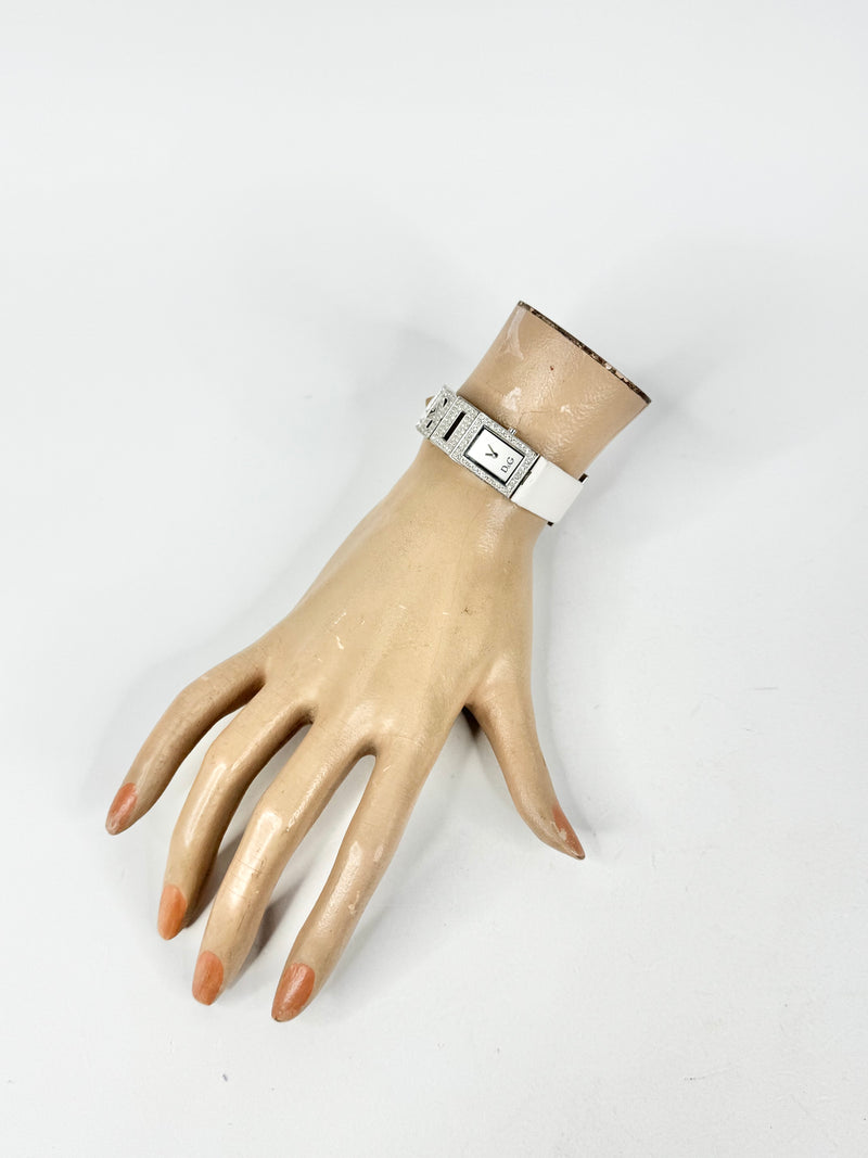 D&G White Leather 'DG' Crystal Embellished Watch
