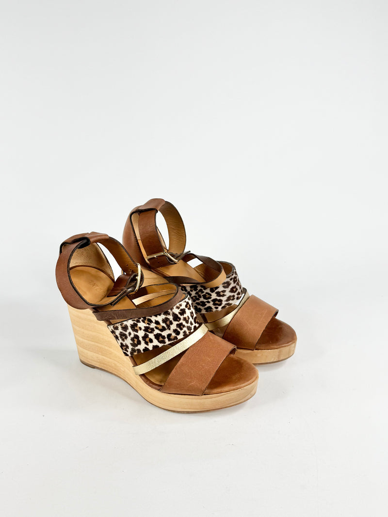 Tatoosh Tan & Leopard Print Peep Toe Wedges - EU38