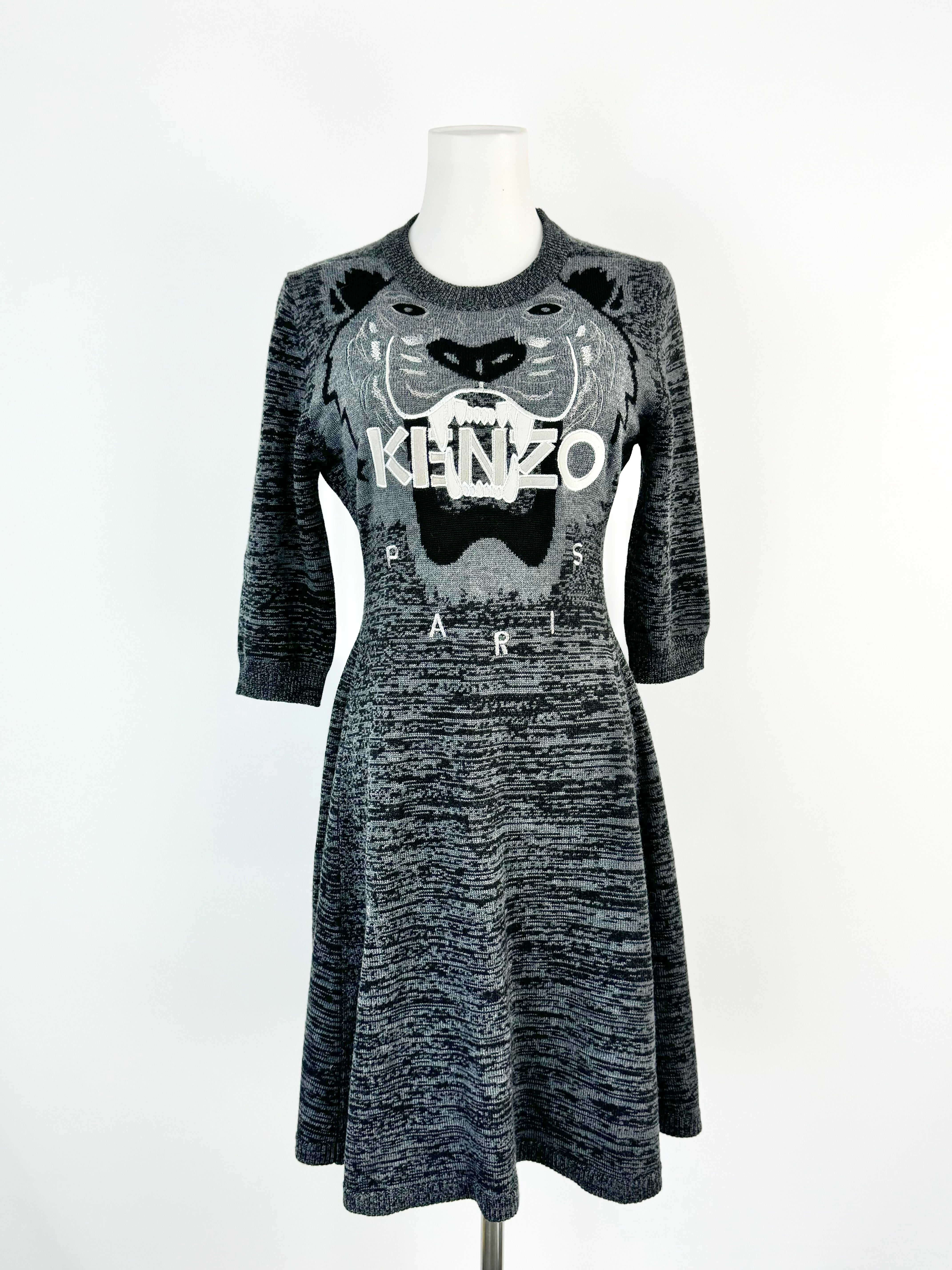 Kenzo Grey & Black Tiger Pattern Knitted Dress - AU10