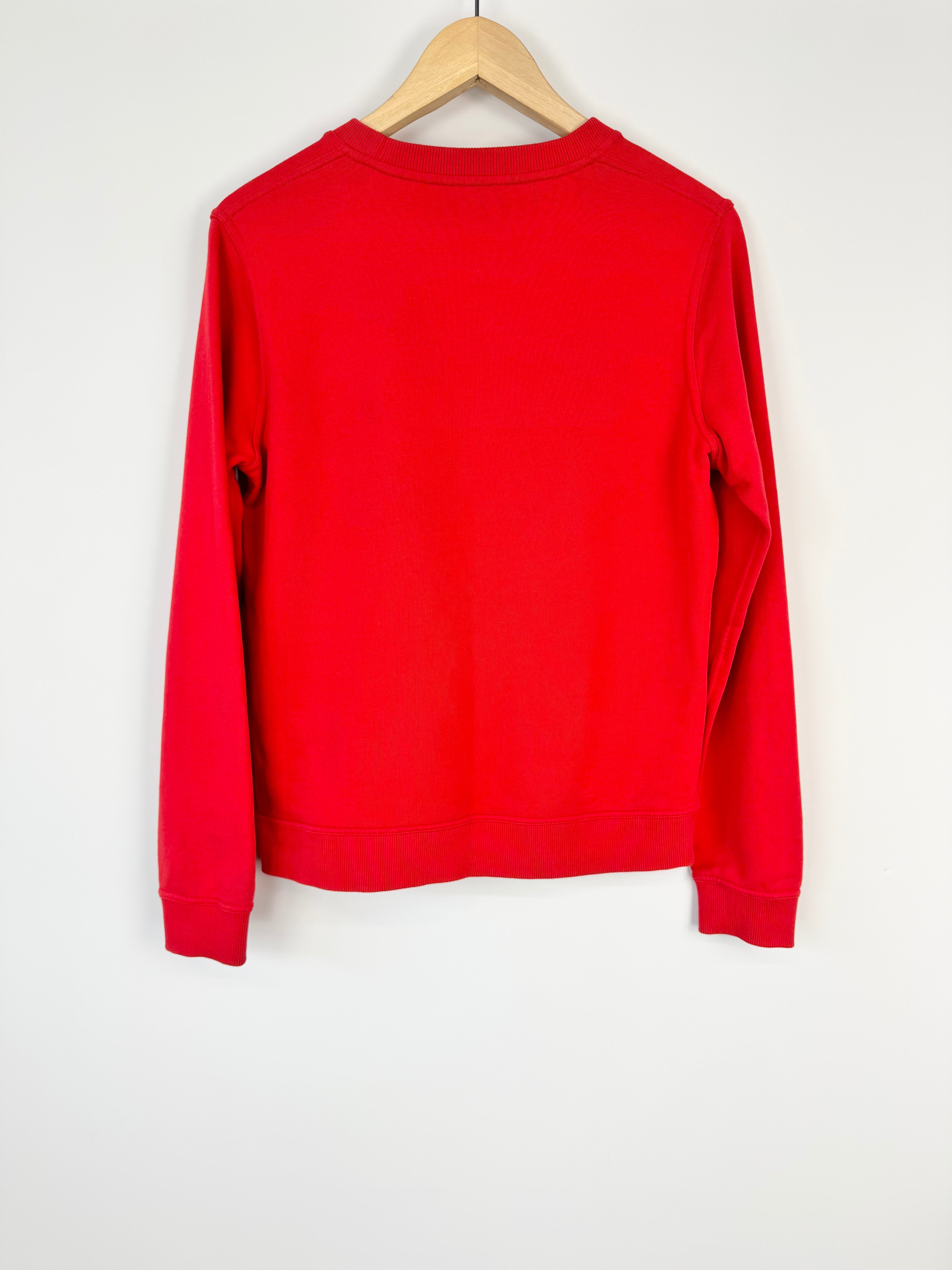 Red sweatshirt on a wooden hanger against a white background