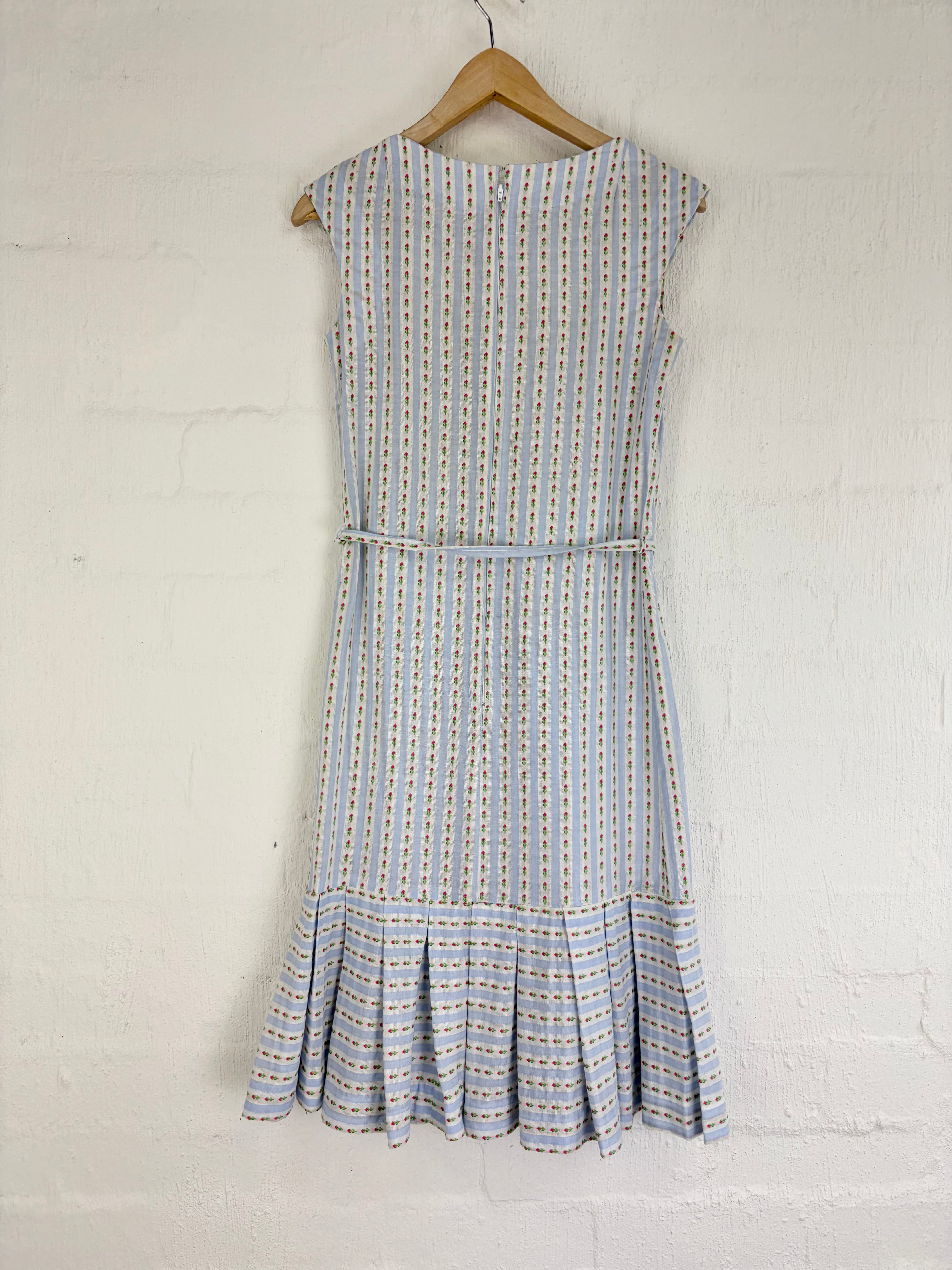 Hand Made Pale Blue Floral Stripe Sleeveless Dress - AU10