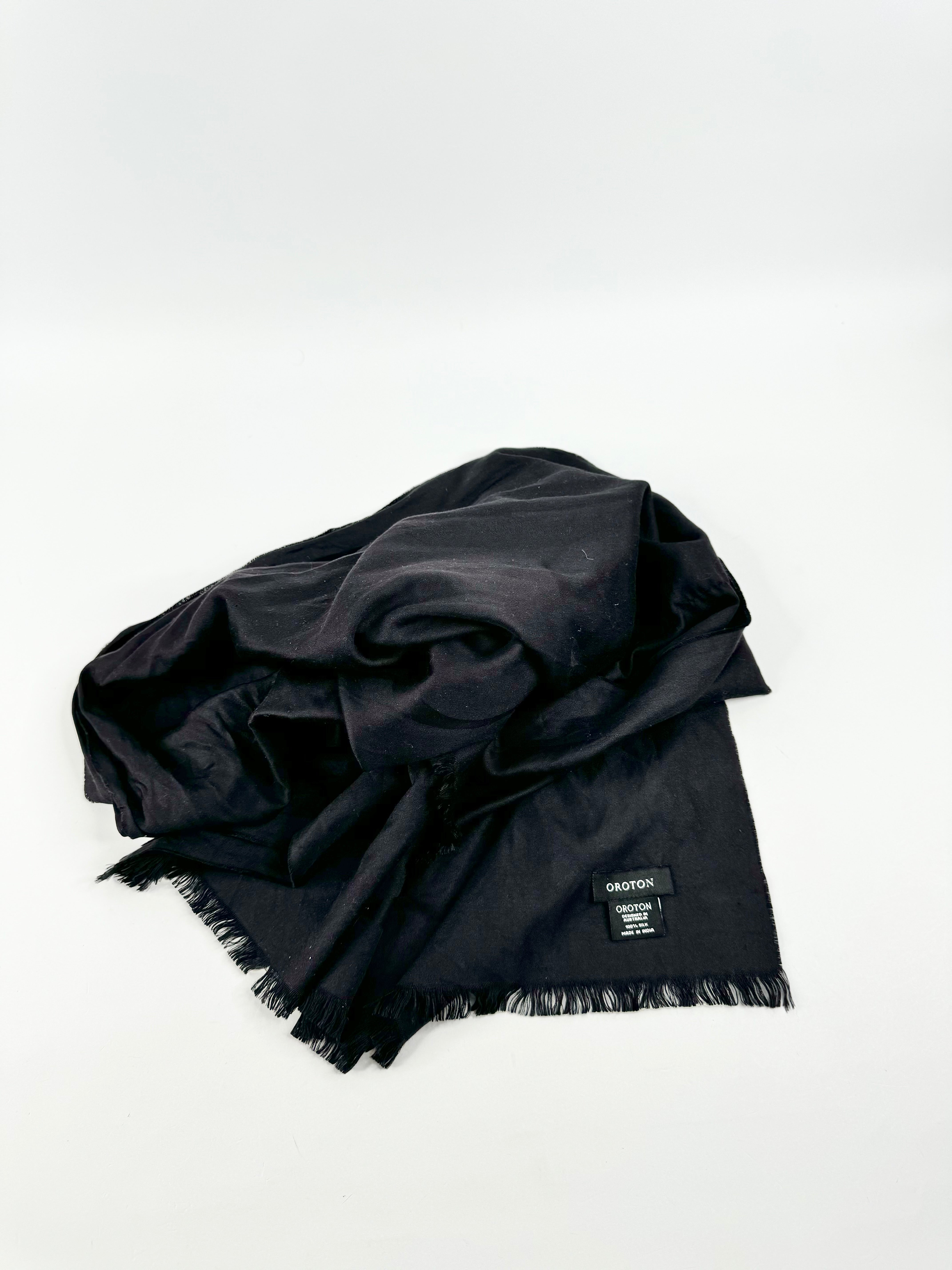 Oroton Black Silk Raw Hem Shawl
