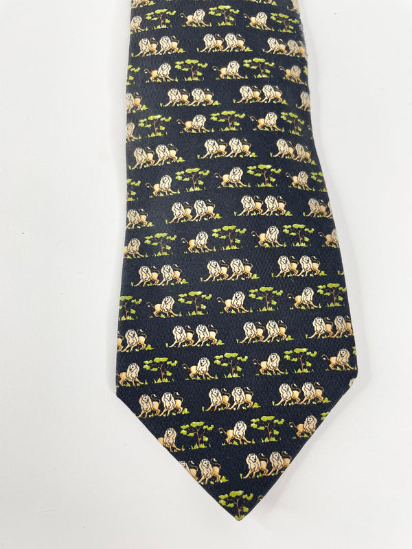 Salvatore Ferragamo Black Lions Print Silk Tie