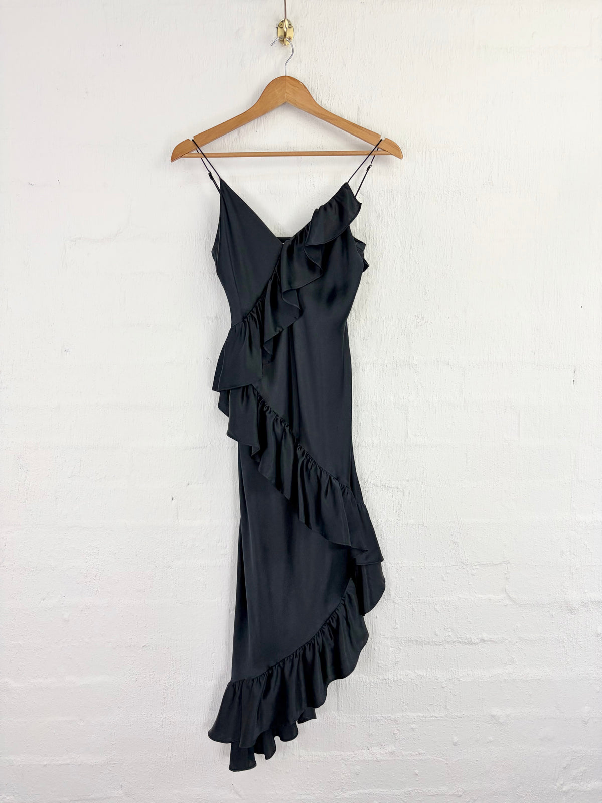 Cami Black Bias Cut Silk Ruffle Trim Cocktail Dress - AU8/10