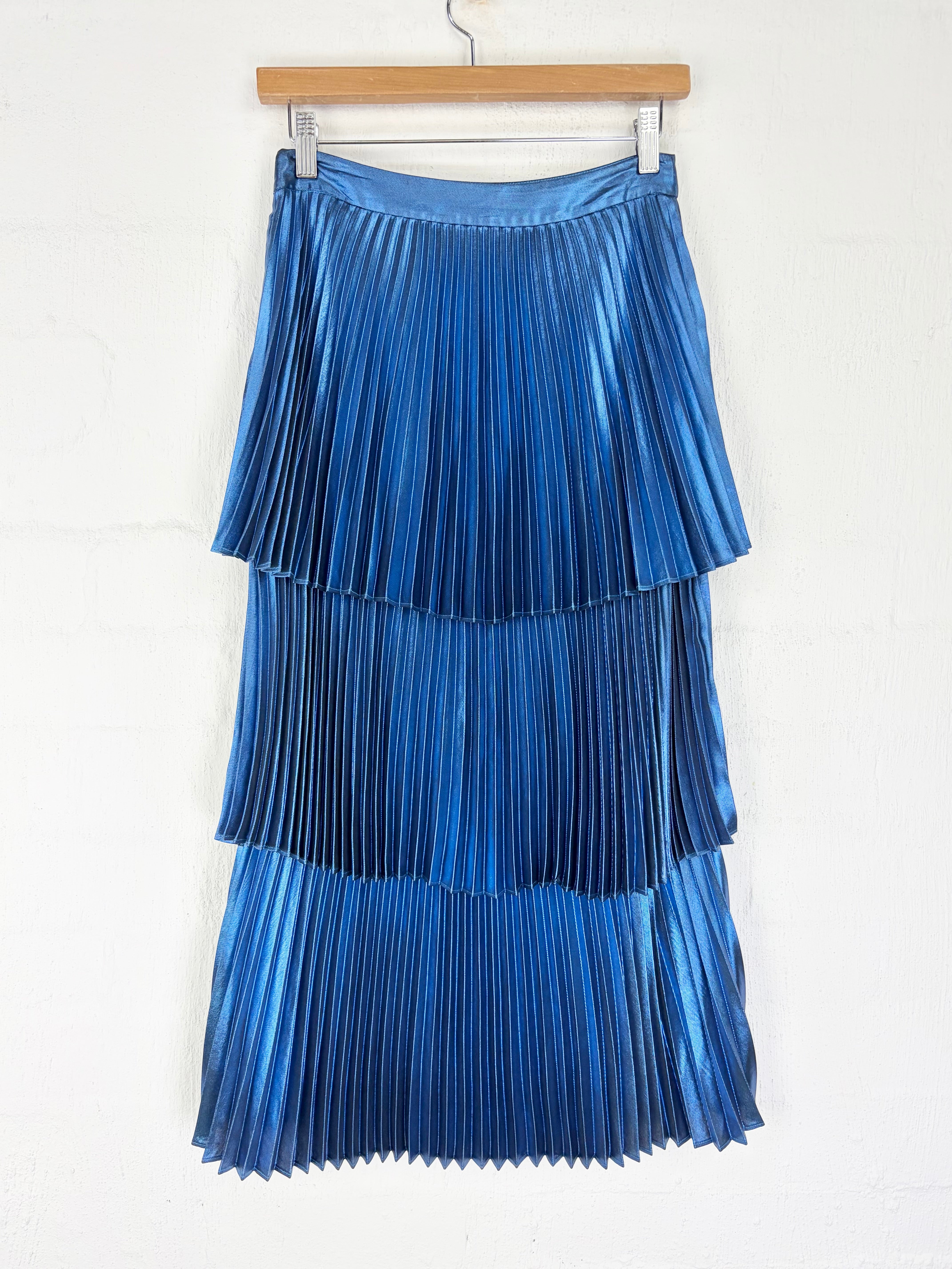 A.L.C x Barneys Blue Metallic 'Harley' Tiered Pleated Midi Skirt - AU8/10