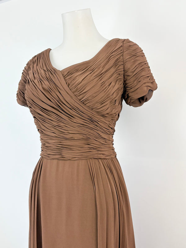 Vintage Chocolate Brown Ruffled Midi Short Sleeve Dress - AU8