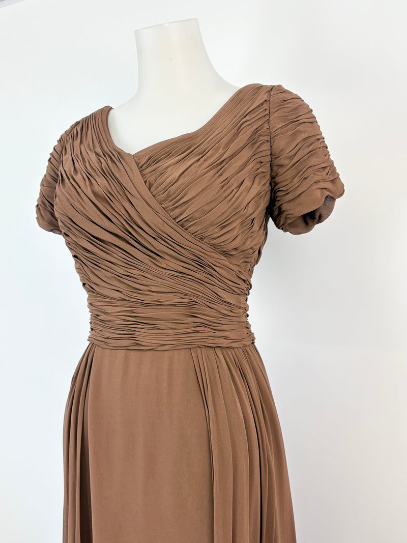 Vintage Chocolate Brown Ruffled Midi Short Sleeve Dress - AU8