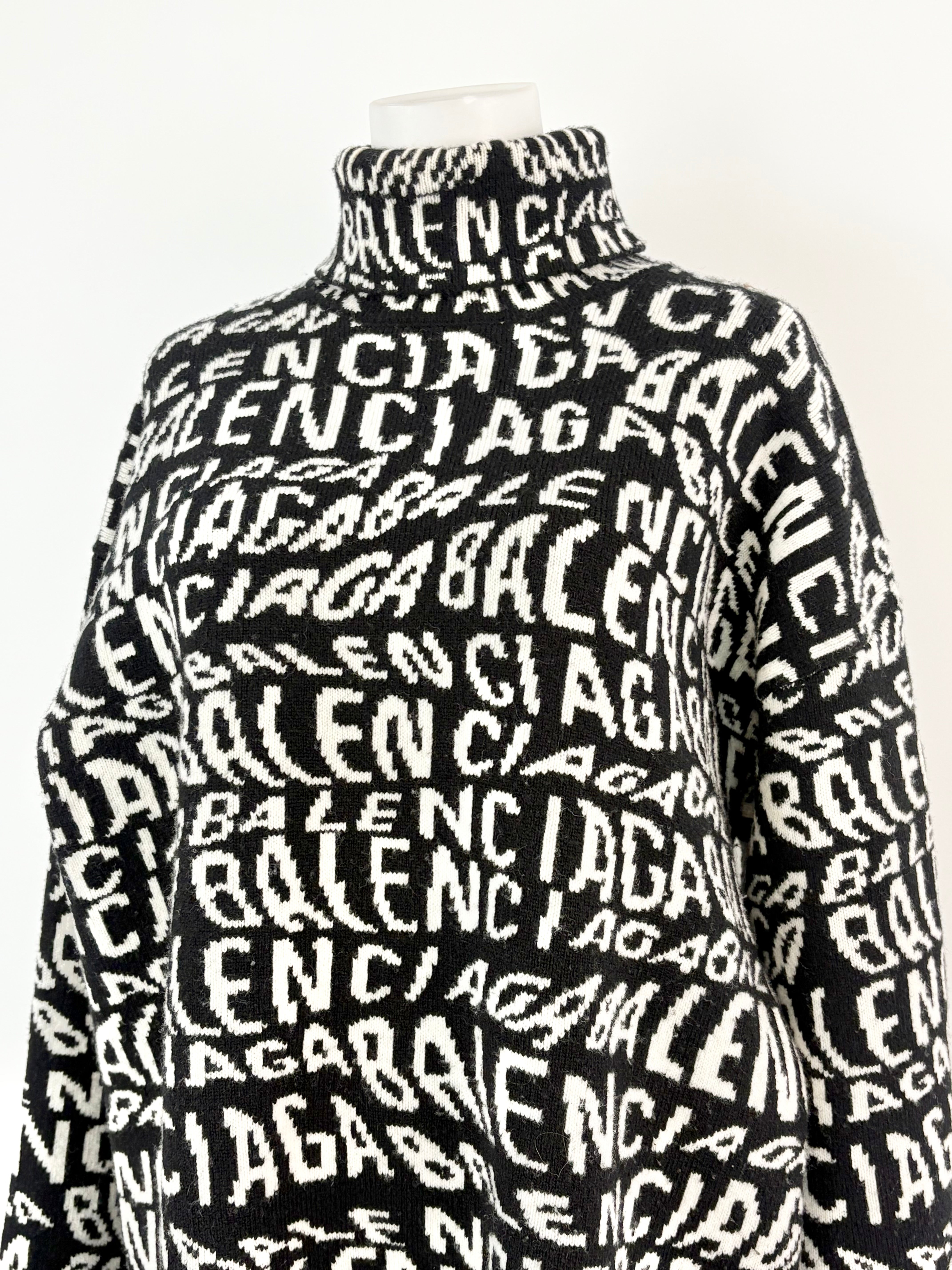 Balenciaga Black & White All-Over Print Logo Knit Turtleneck Sweater - AU8/10