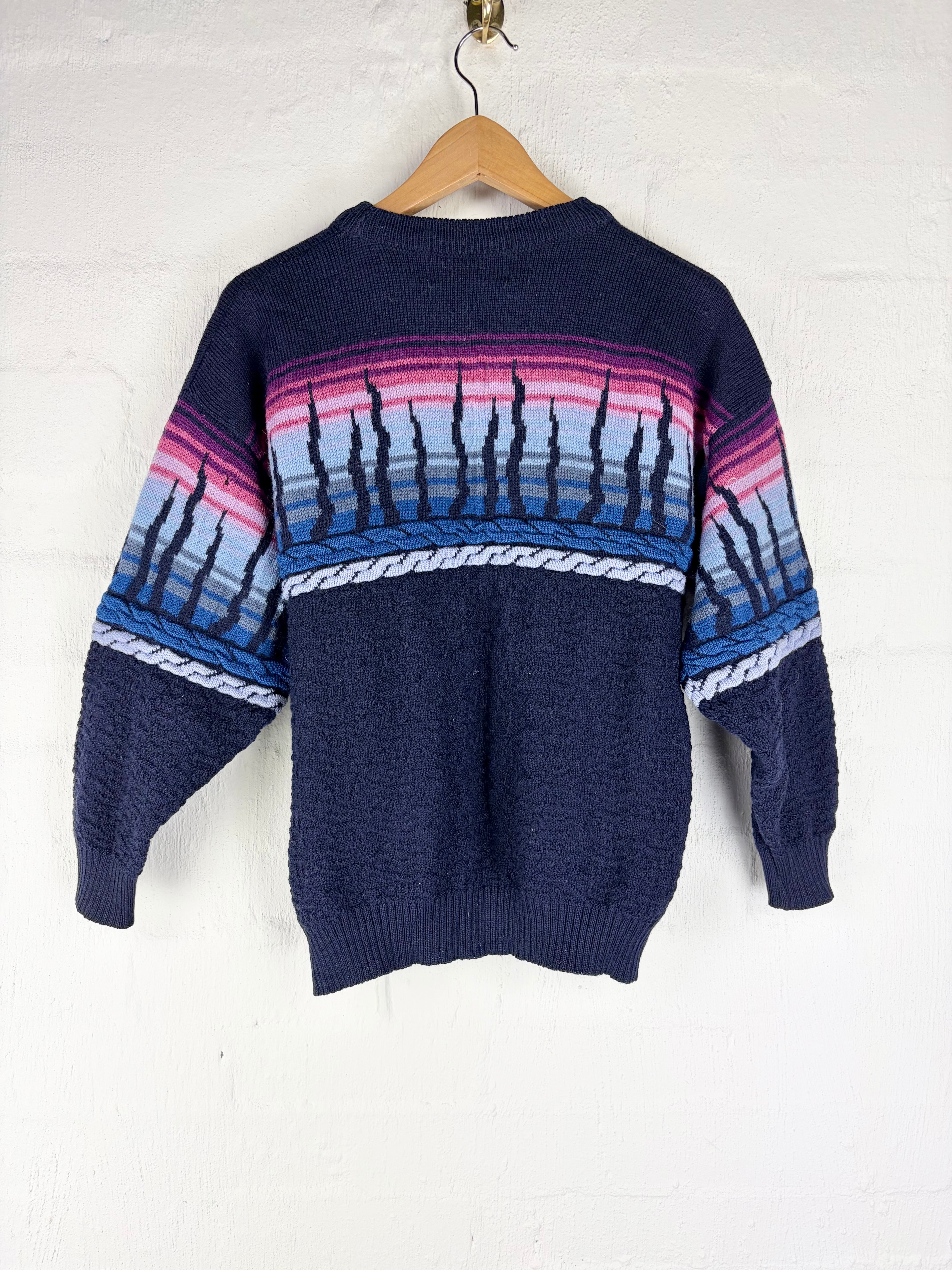 Vintage Summit Sports Midnight Blue Purple & Pink Patterned Wool Pullover - AU10/12