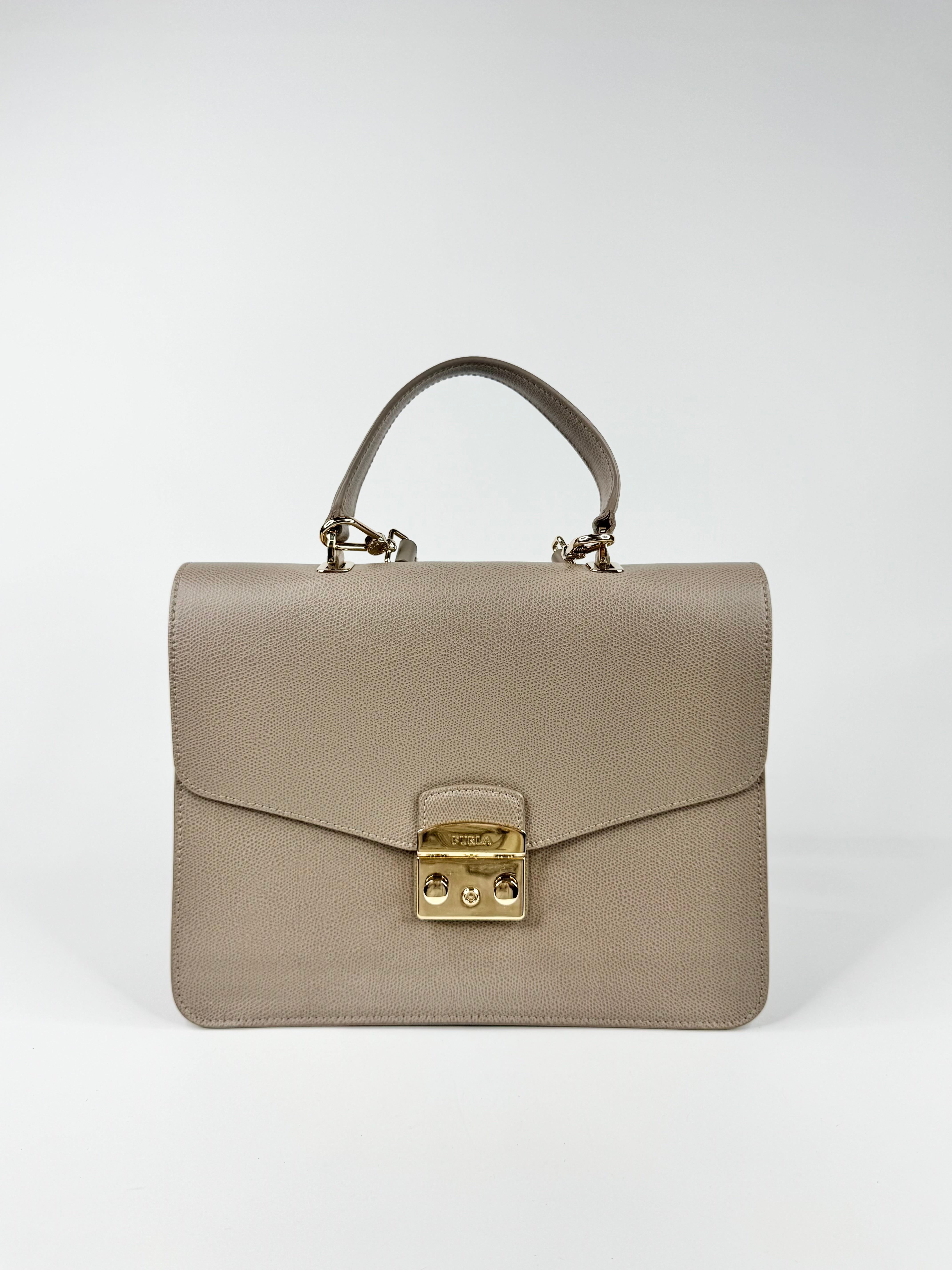 Furla Taupe Top-Handle Saffiano Leather Handbag