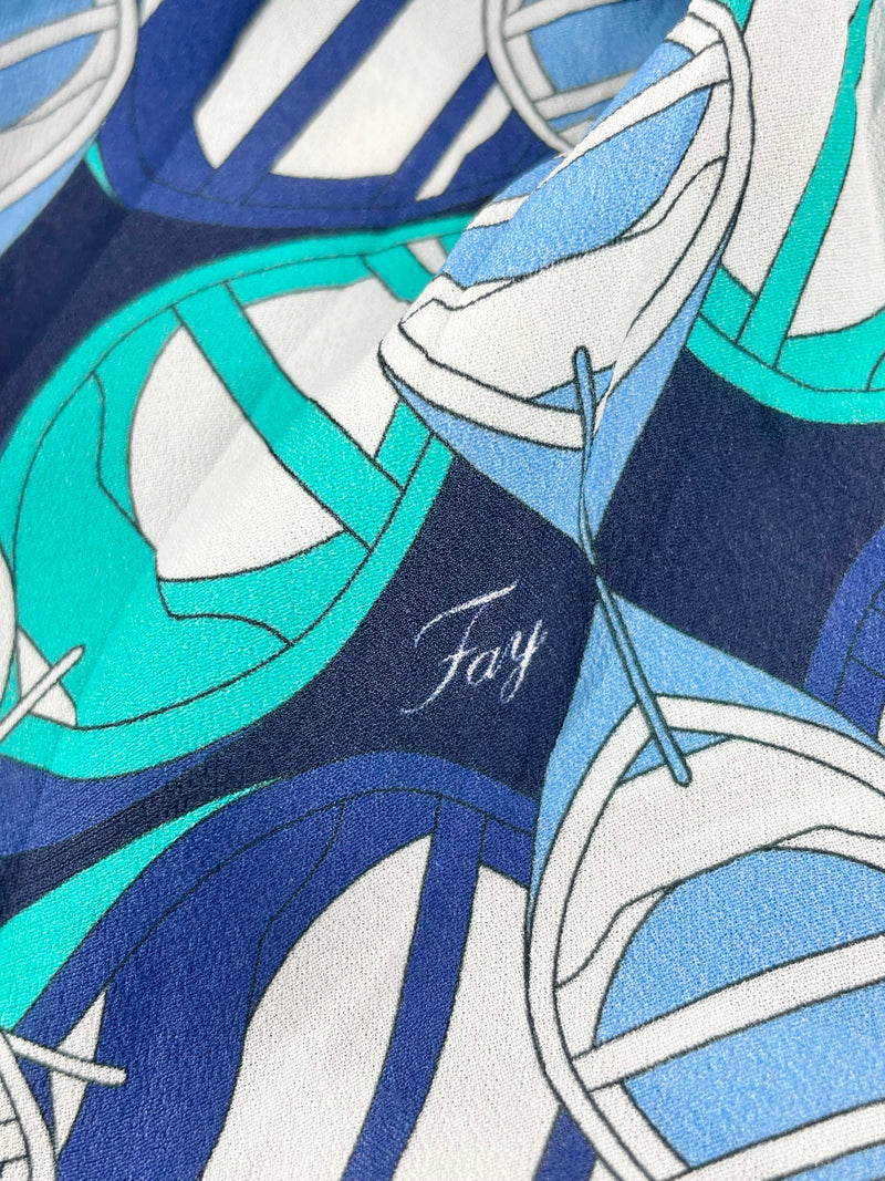 Fay the Label Navy Blue & Turquoise Patterned Sheer Shift Dress - AU10/12