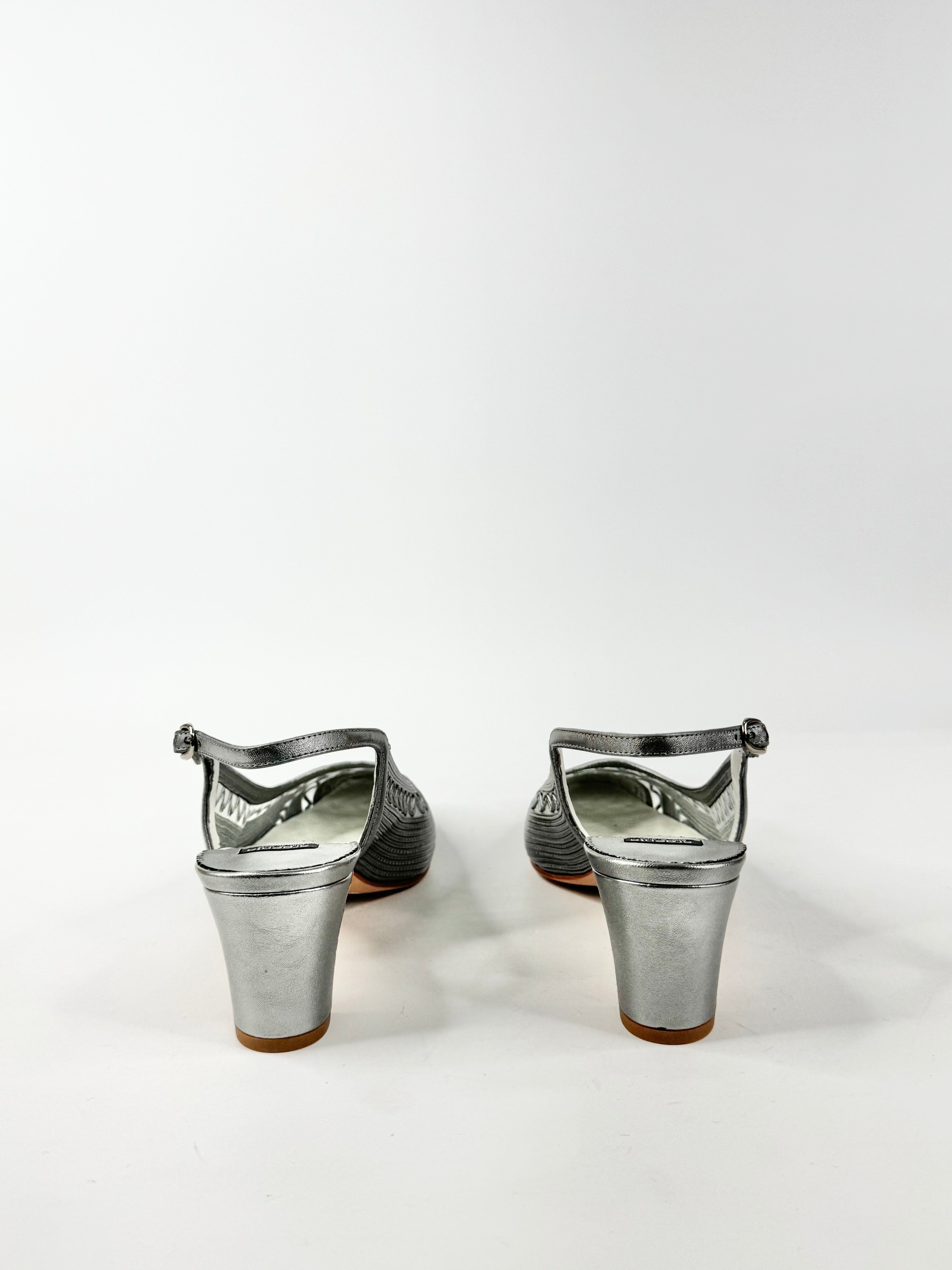 Argenta Metallic Silver Leather & Mesh Pointed Tod Kitten Heels NWT - EU40.5