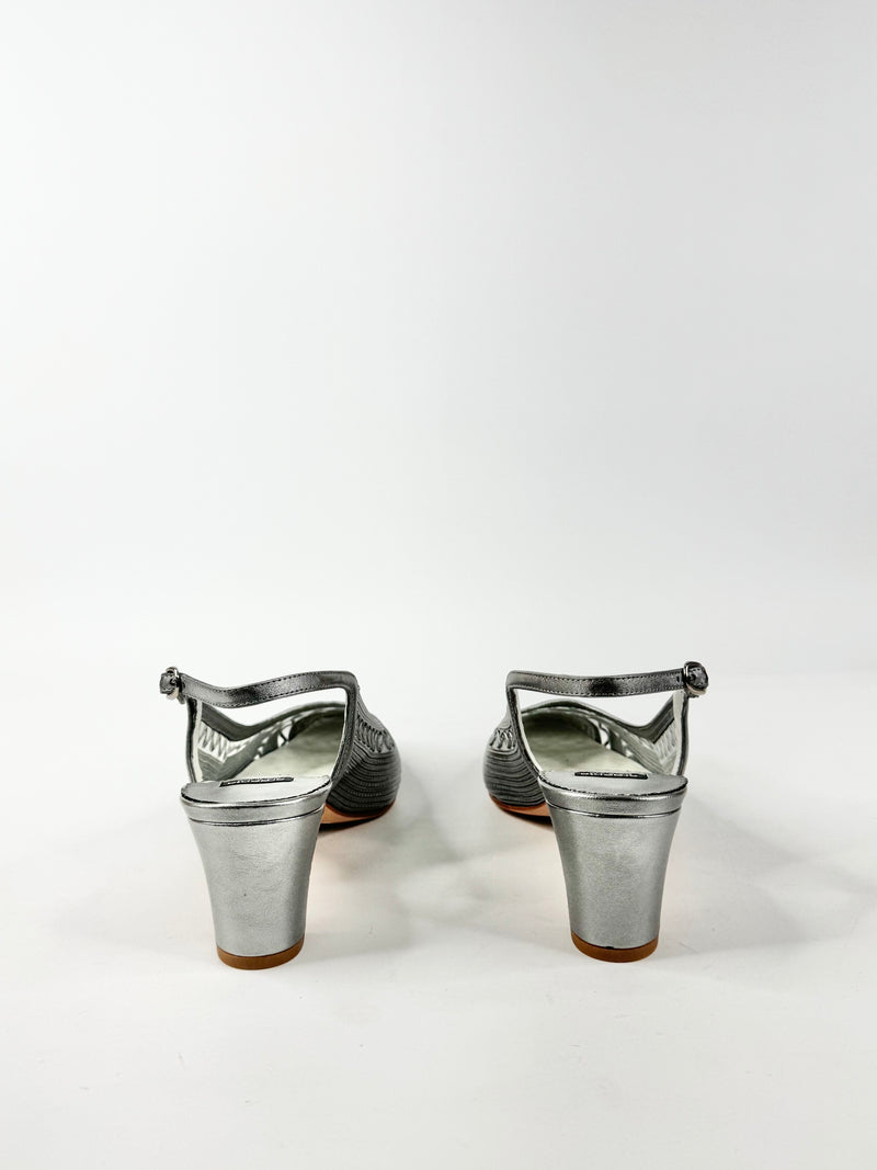 Argenta Metallic Silver Leather & Mesh Pointed Tod Kitten Heels NWT - EU40.5