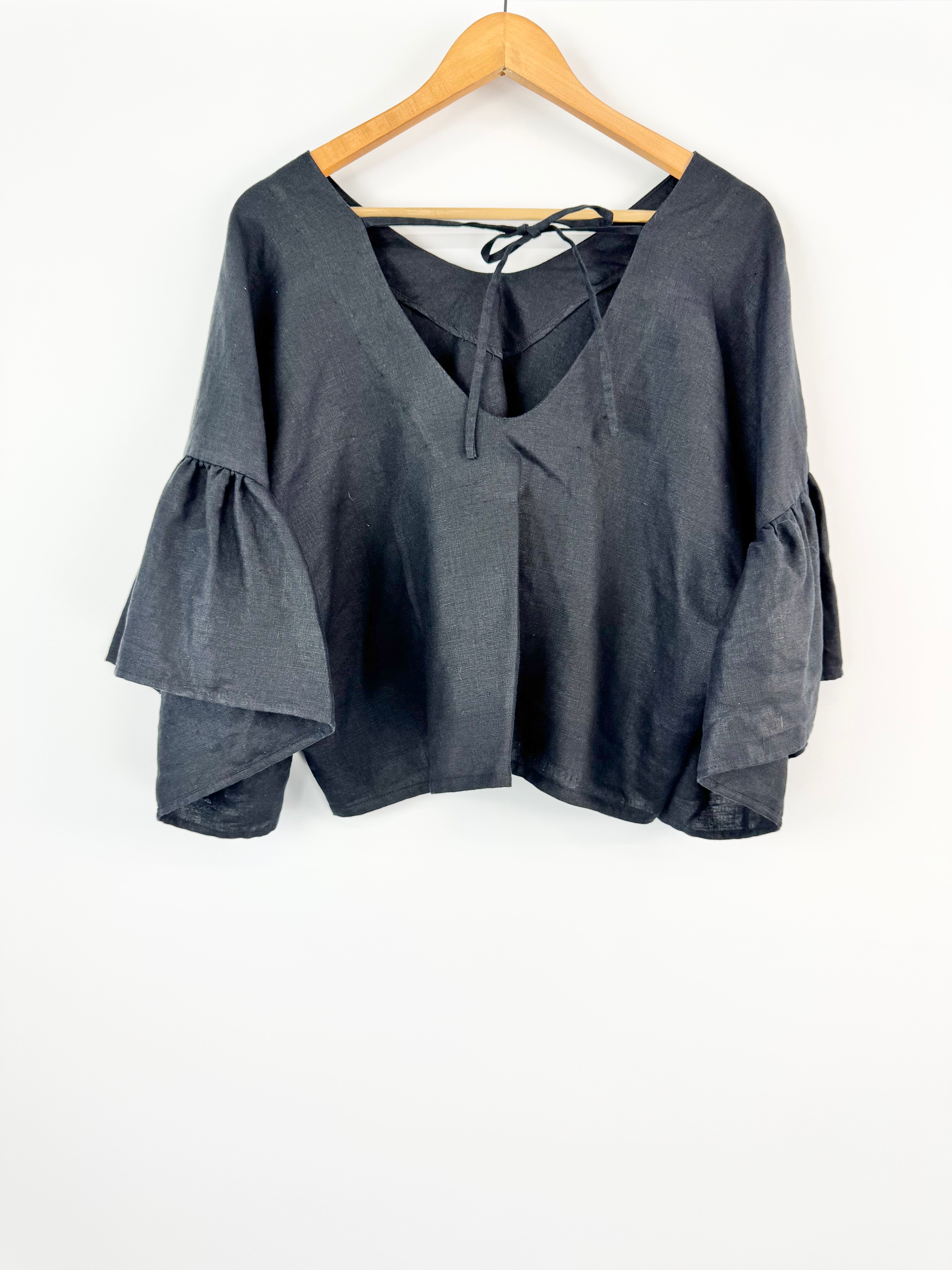 MFW Hunter Black Linen Relaxed Puff Sleeve Top - AU10/12