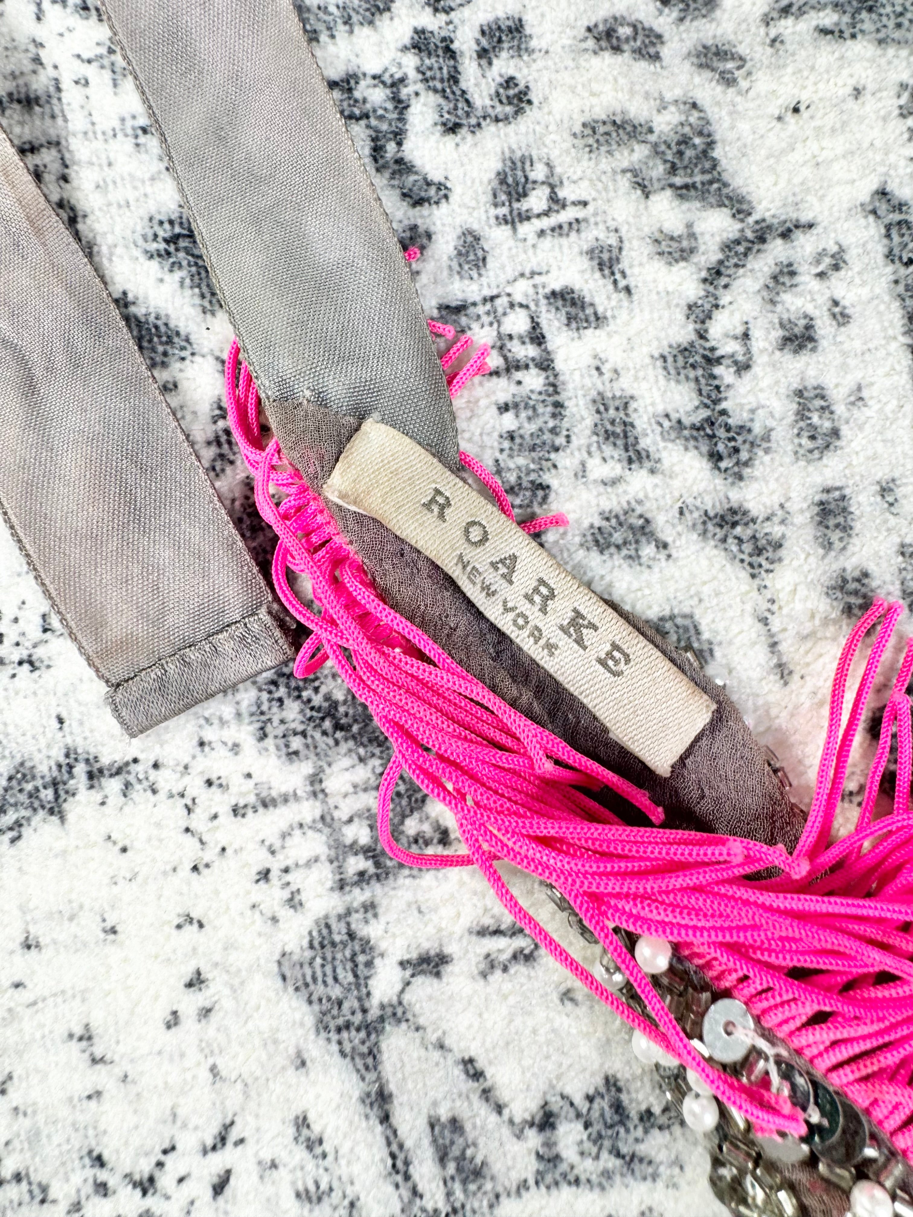 Roarke New York Grey Beaded & Sequined Hot Pink Fringed Necklace