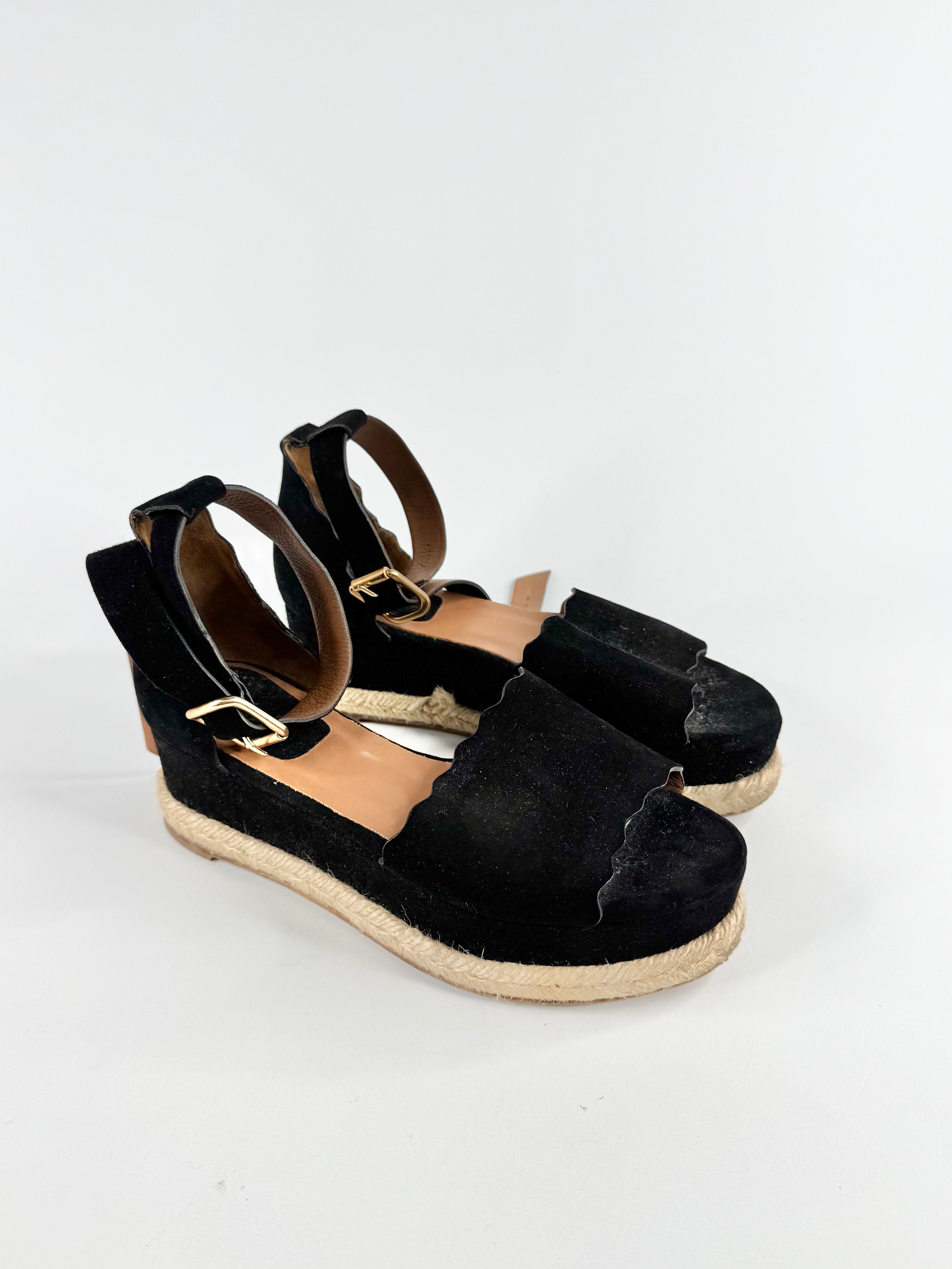 Chloe Black Suede 'Lauren' Scallop Trim Espadrilles - EU38