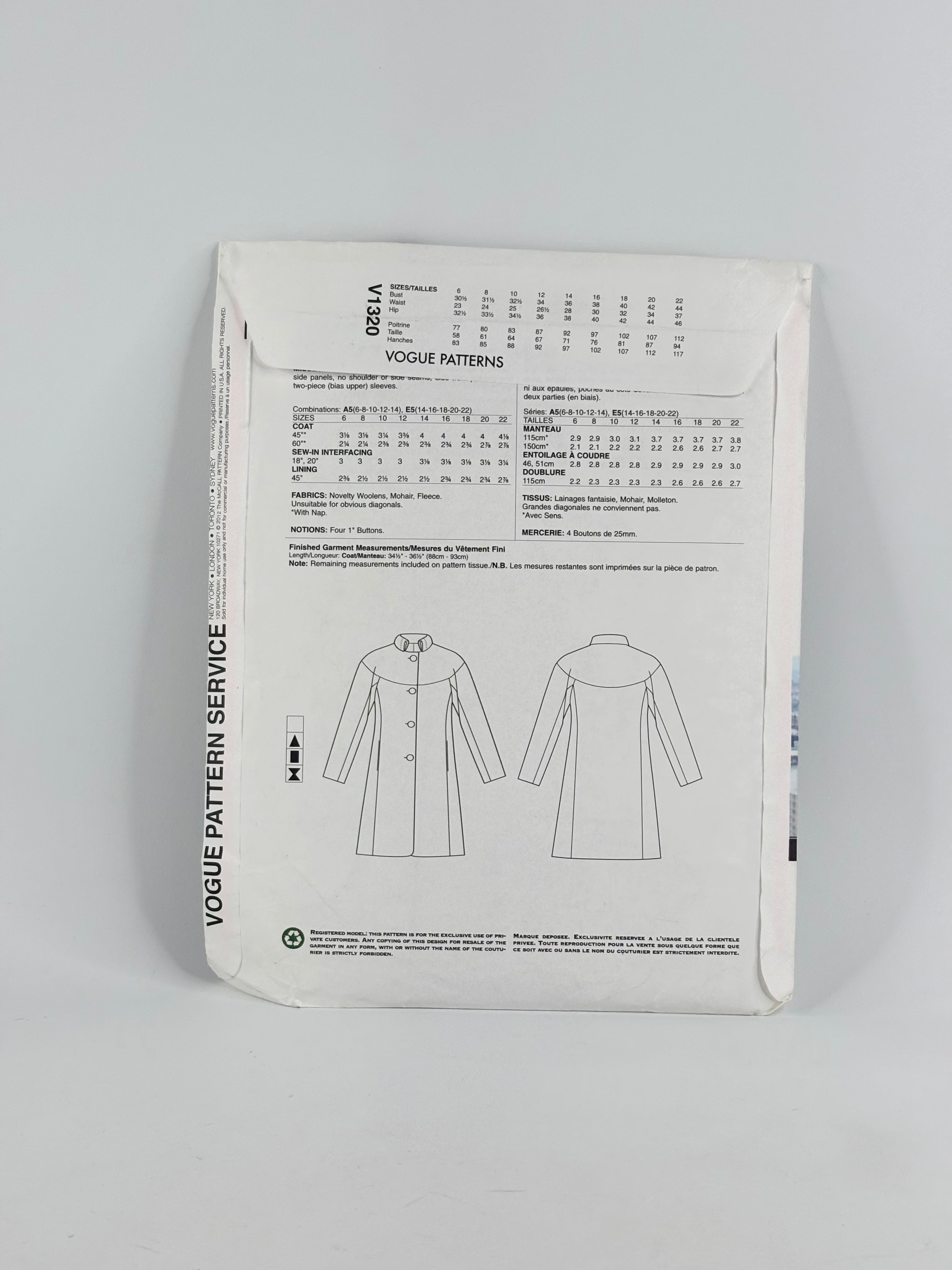 Vogue Designer Original Issey Miyake Coat: No. V1320 - Size 6/14