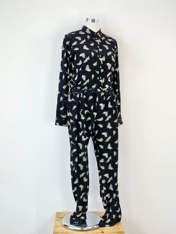 Sézane  Black & White Leaf Pattern Silk Jumpsuit - AU12