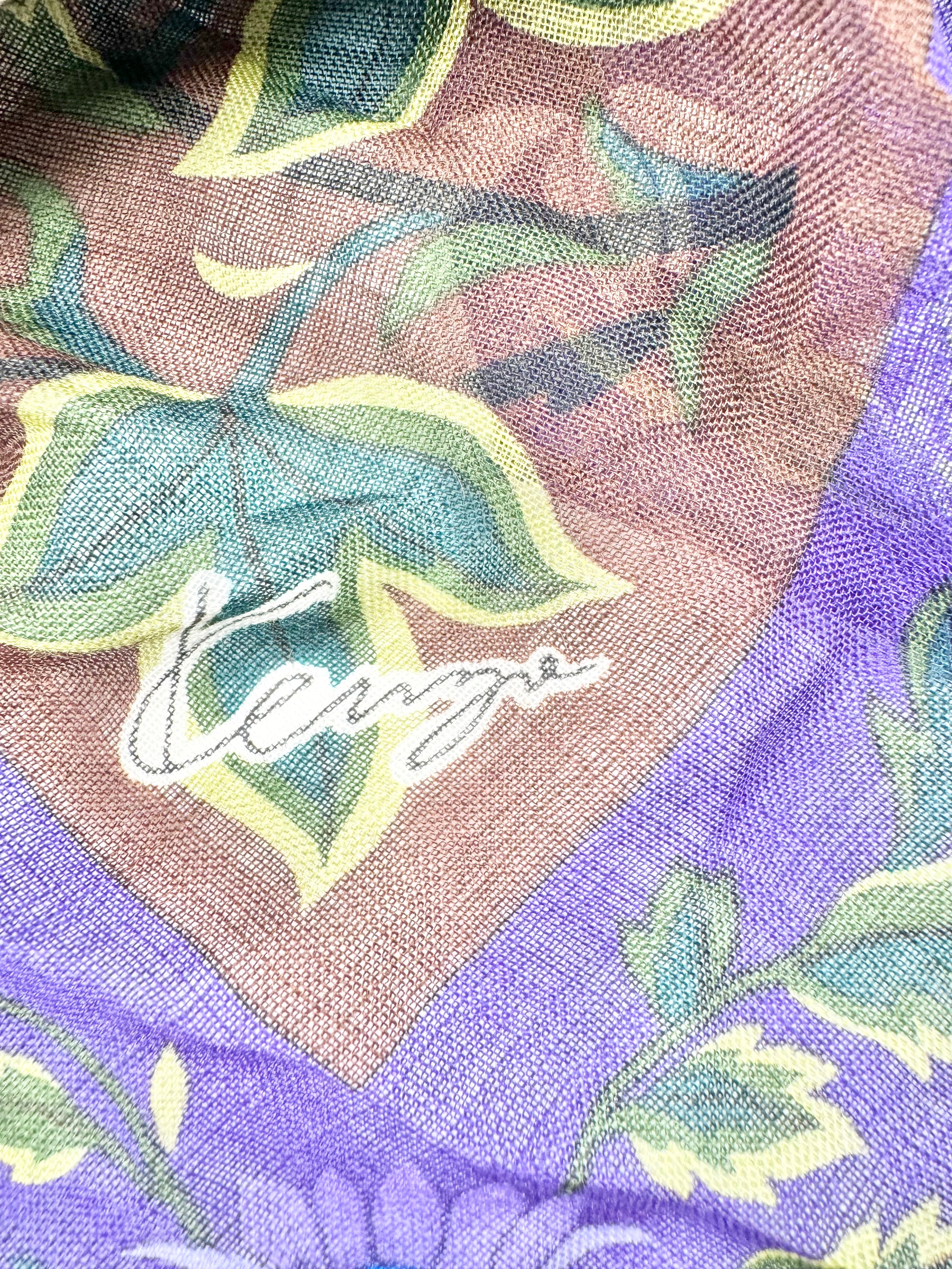 Vintage Kenzo Purple & Brown Retro Floral Pattern Scarf