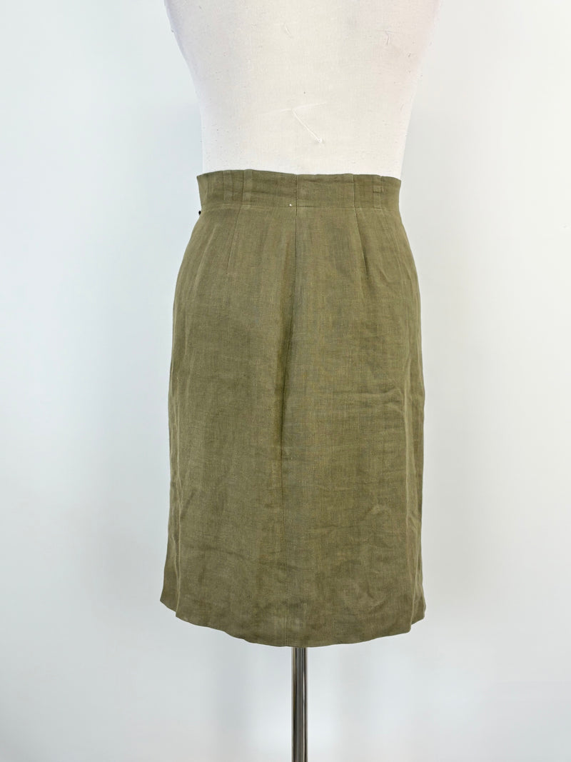 Vintage 80s Synonyme Georges Rech Olive Green Linen Midi Skirt - AU10/12