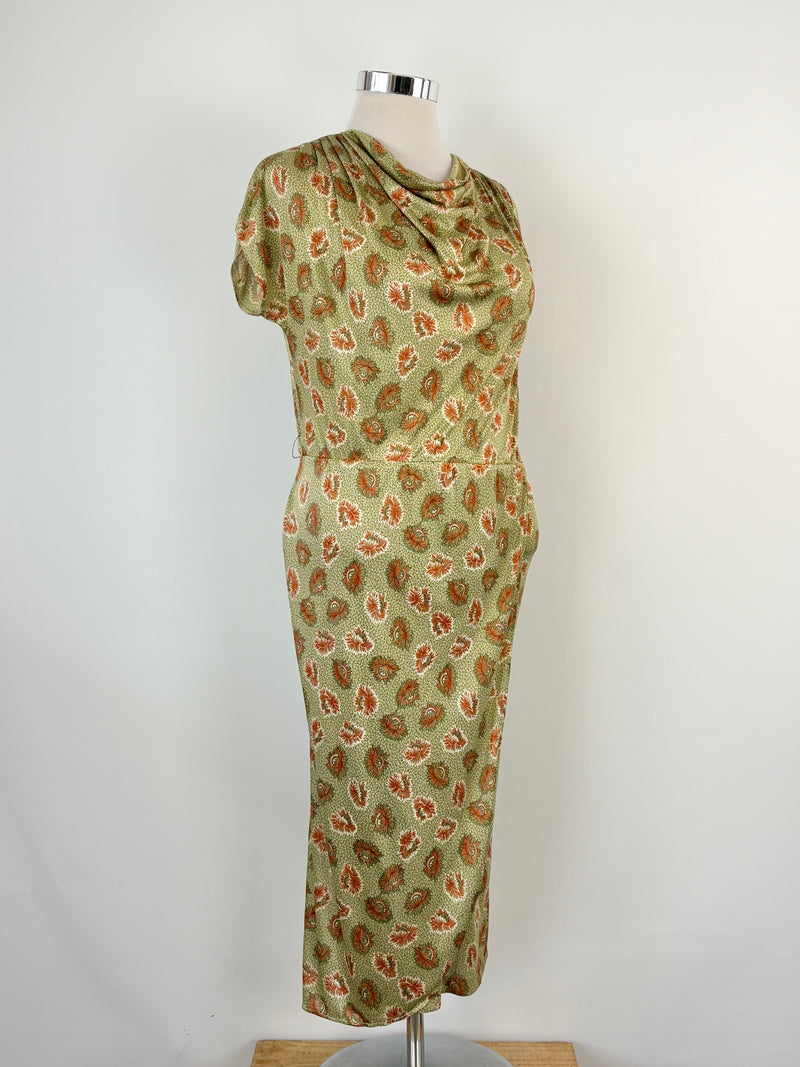 Ibis Peekaboo Olive Green Floral Midi Dress - AU10/12