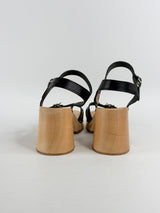 Swedish Hasbeens Black Leather & Wooden Sandals - EU41