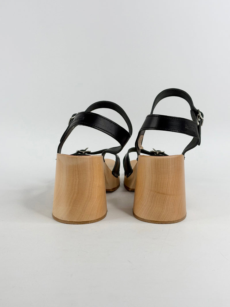 Swedish Hasbeens Black Leather & Wooden Sandals - EU41