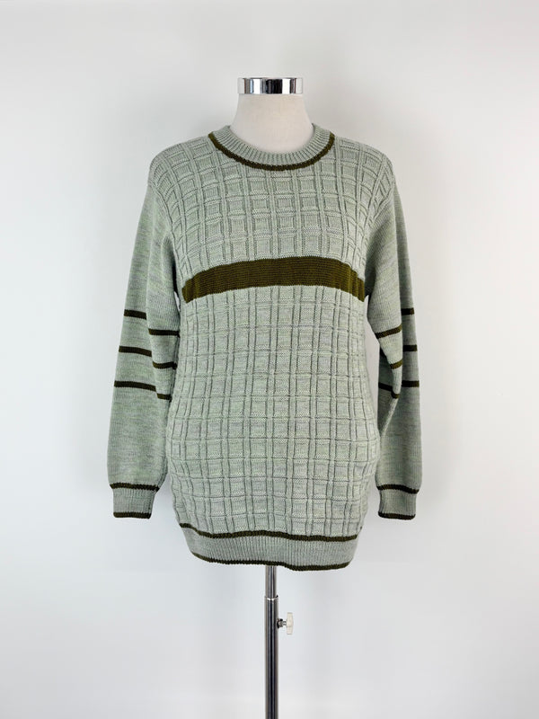 Hand-Made Wool Knit Sage Striped Sweater - AU12