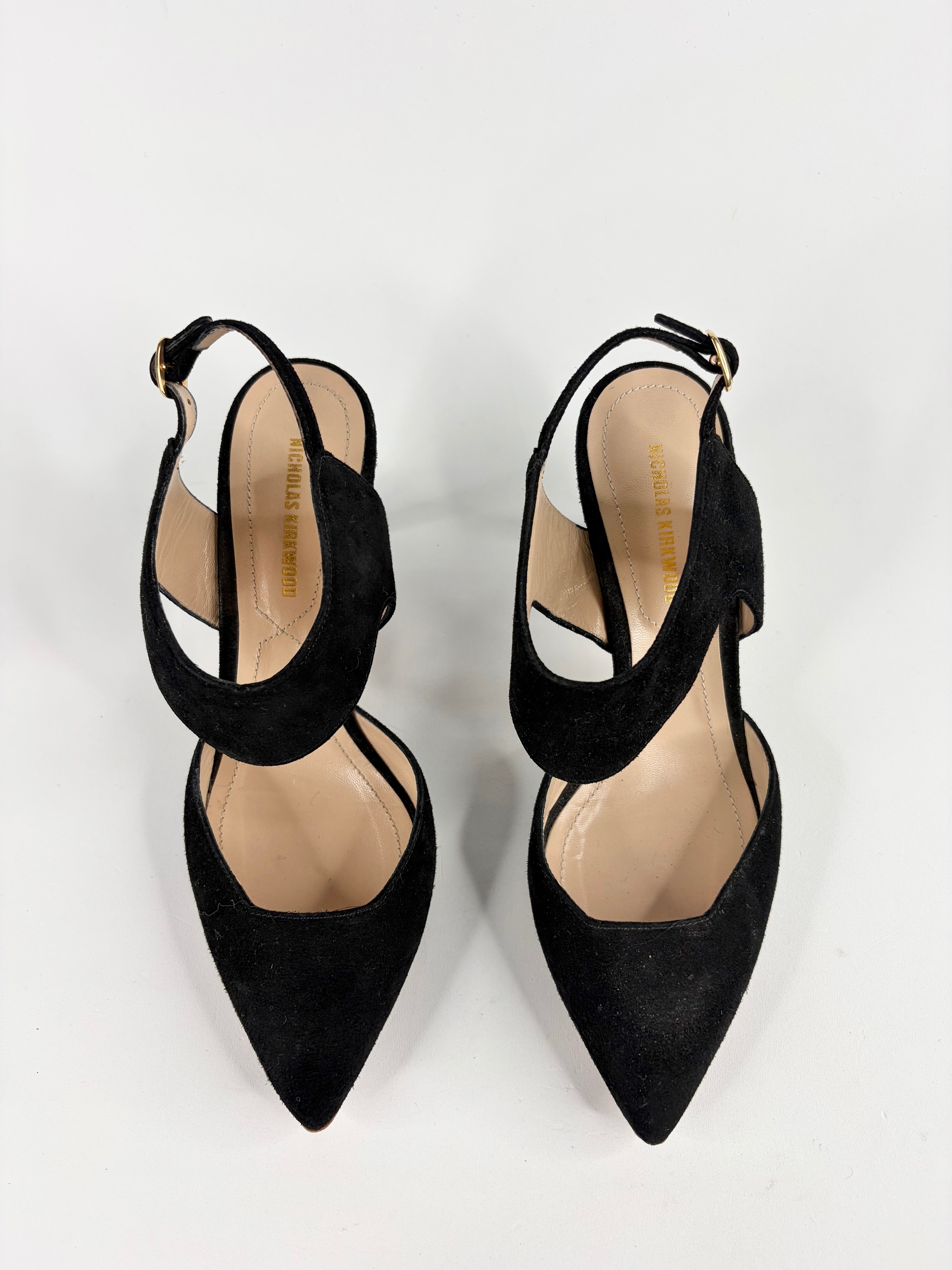 Nicholas Kirkwood Black Suede Pointed Kitten Heels D'Orsay  - EU35