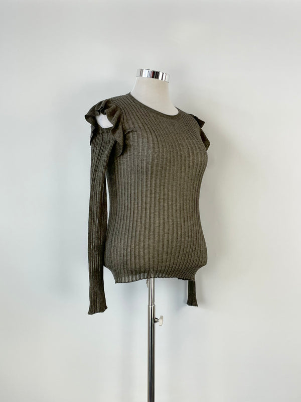 Patrizia Pepe Taupe Sheer Rib-Knit Open Shoulder Top - AU12/14