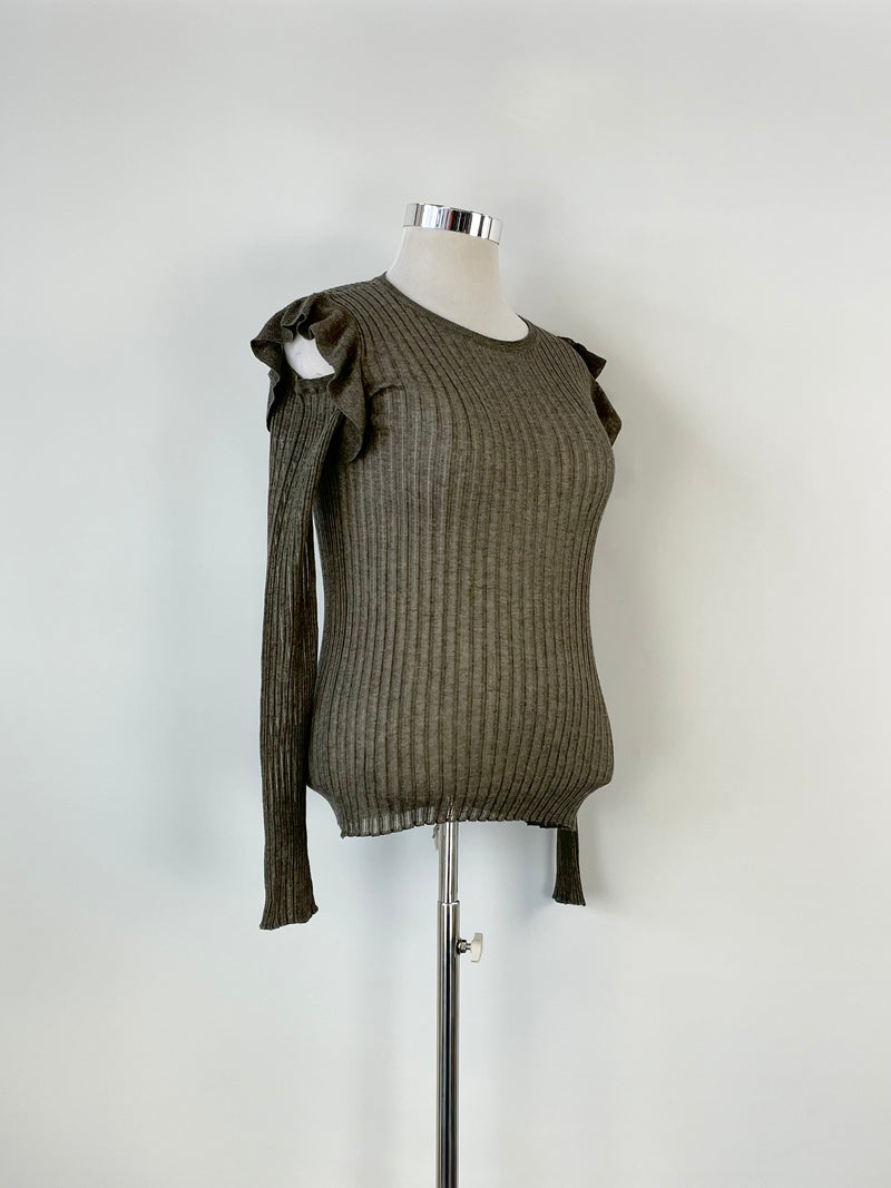 Patrizia Pepe Taupe Sheer Rib-Knit Open Shoulder Top - AU12/14