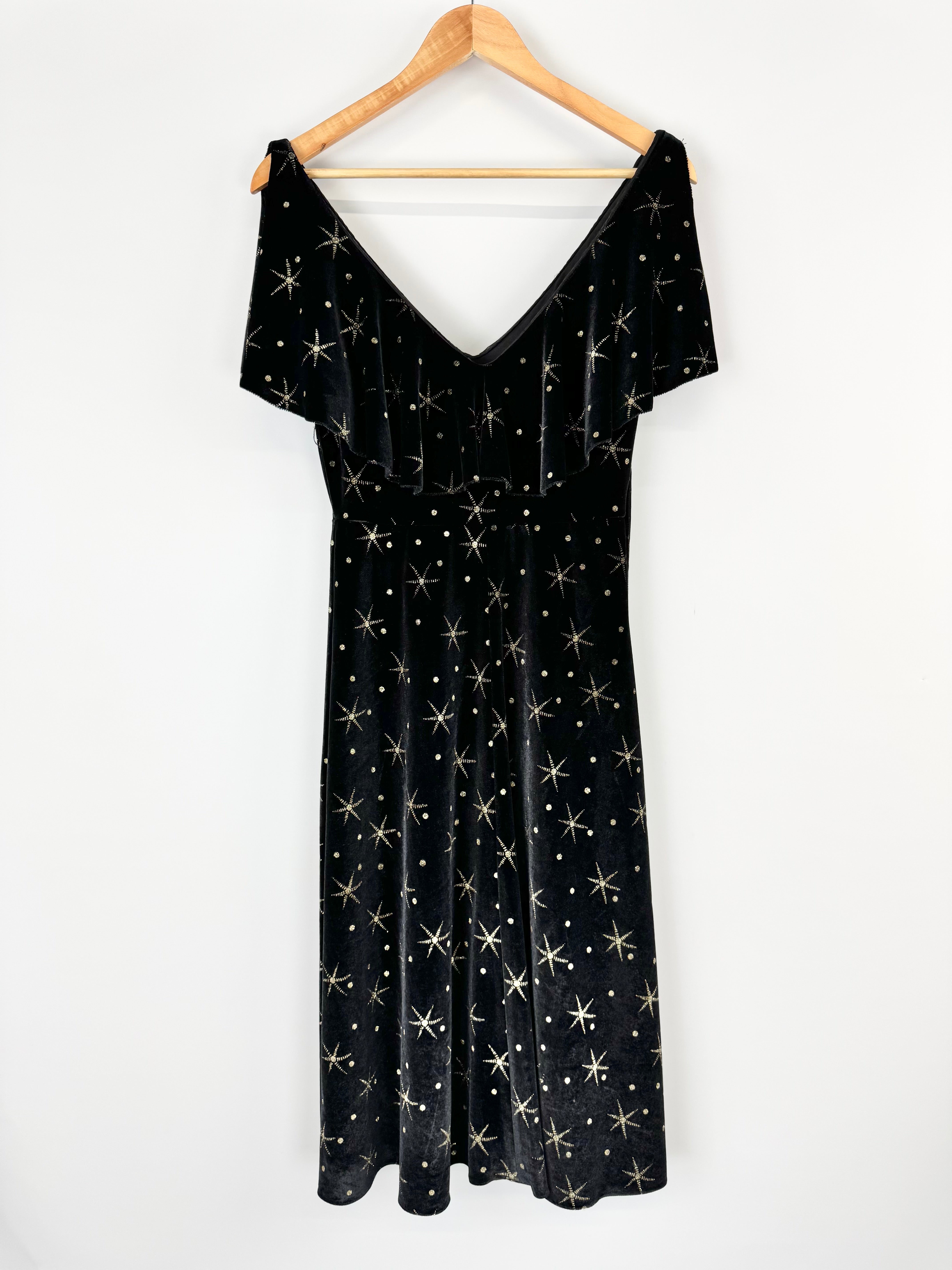 Glamaxy Australia Black Velvet Star Patterned Midi Dress - AU8