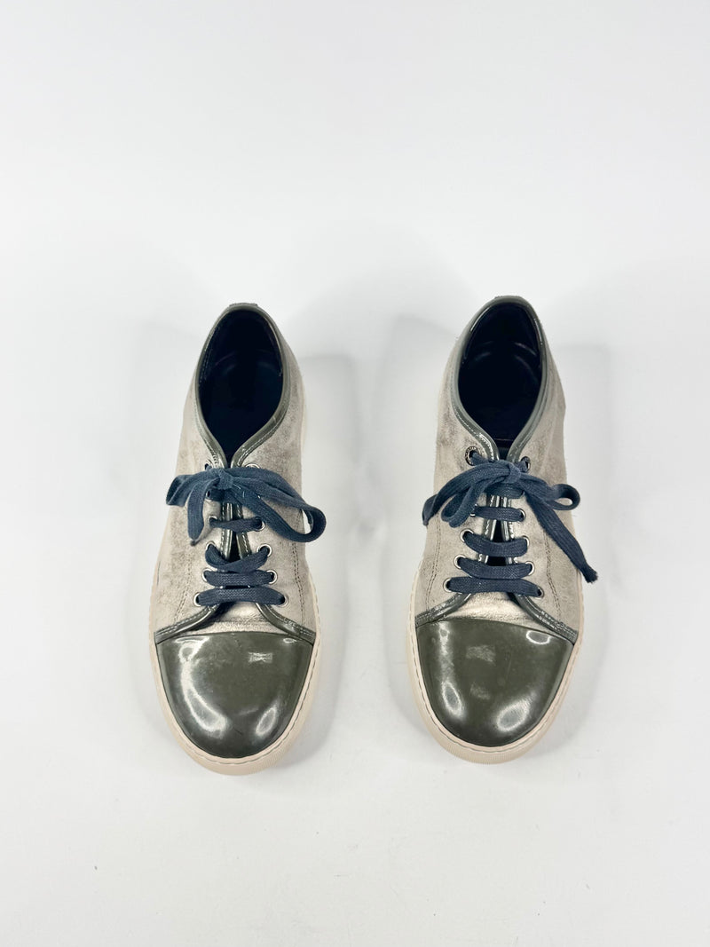 Lanvin Suede & Patent Leather Ash & Olive Sneakers - US8