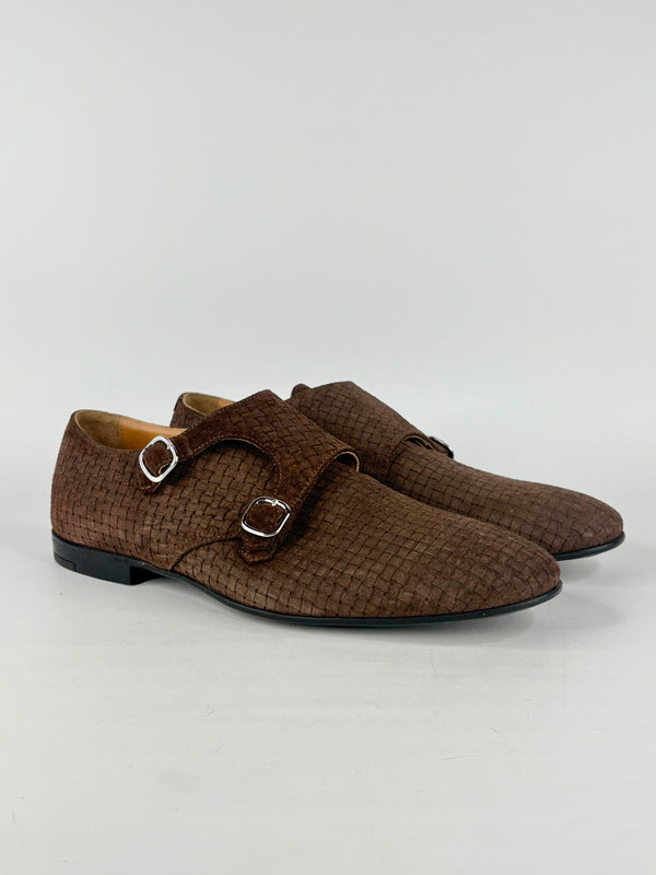 Doucal's Chocolate Brown Woven Suede Double-Monk Strap Loafers - EU44.5
