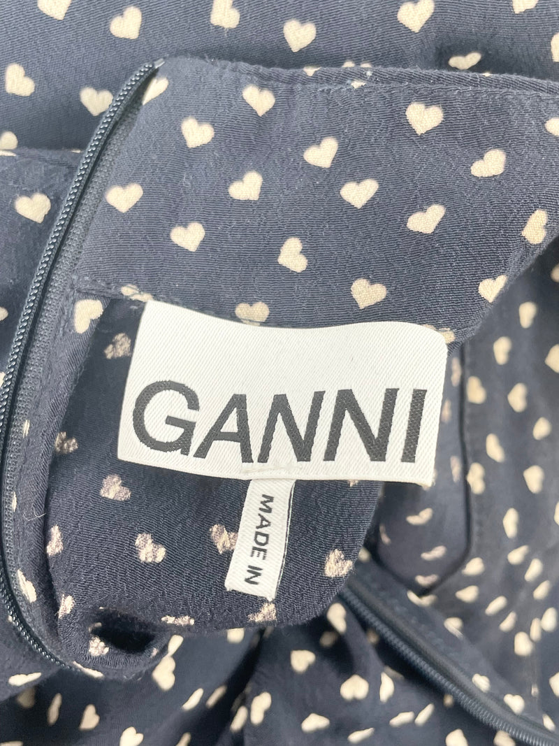 Ganni Navy Blue Heart Pattern Maxi Dress - AU10