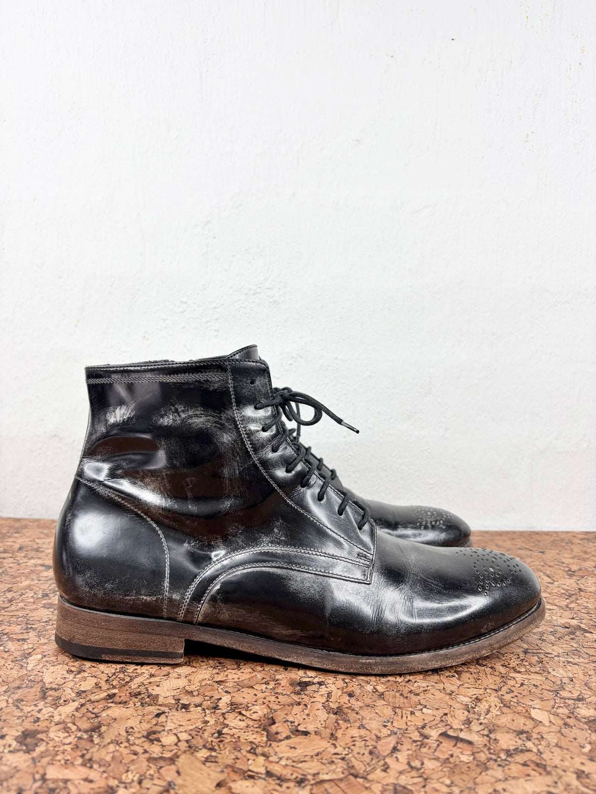 INK Black & Brushed Silver Brogue Detailed Lace Up Boots - EU42
