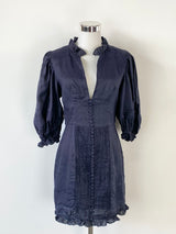 Joslin Navy Blue Linen Puff Sleeve Mini Dress - AU8