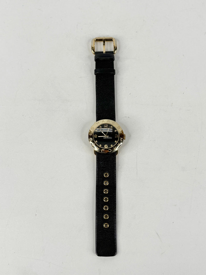 Marc by Marc Jacobs Amy Black Leather & Yellow Gold Watch
