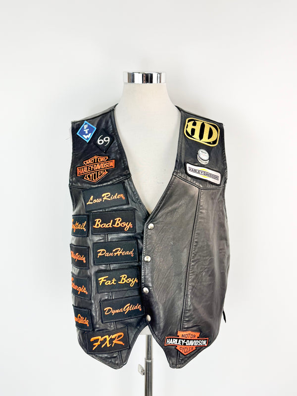 Vintage Harley Davidson Black Leather Patched Vest - XXL
