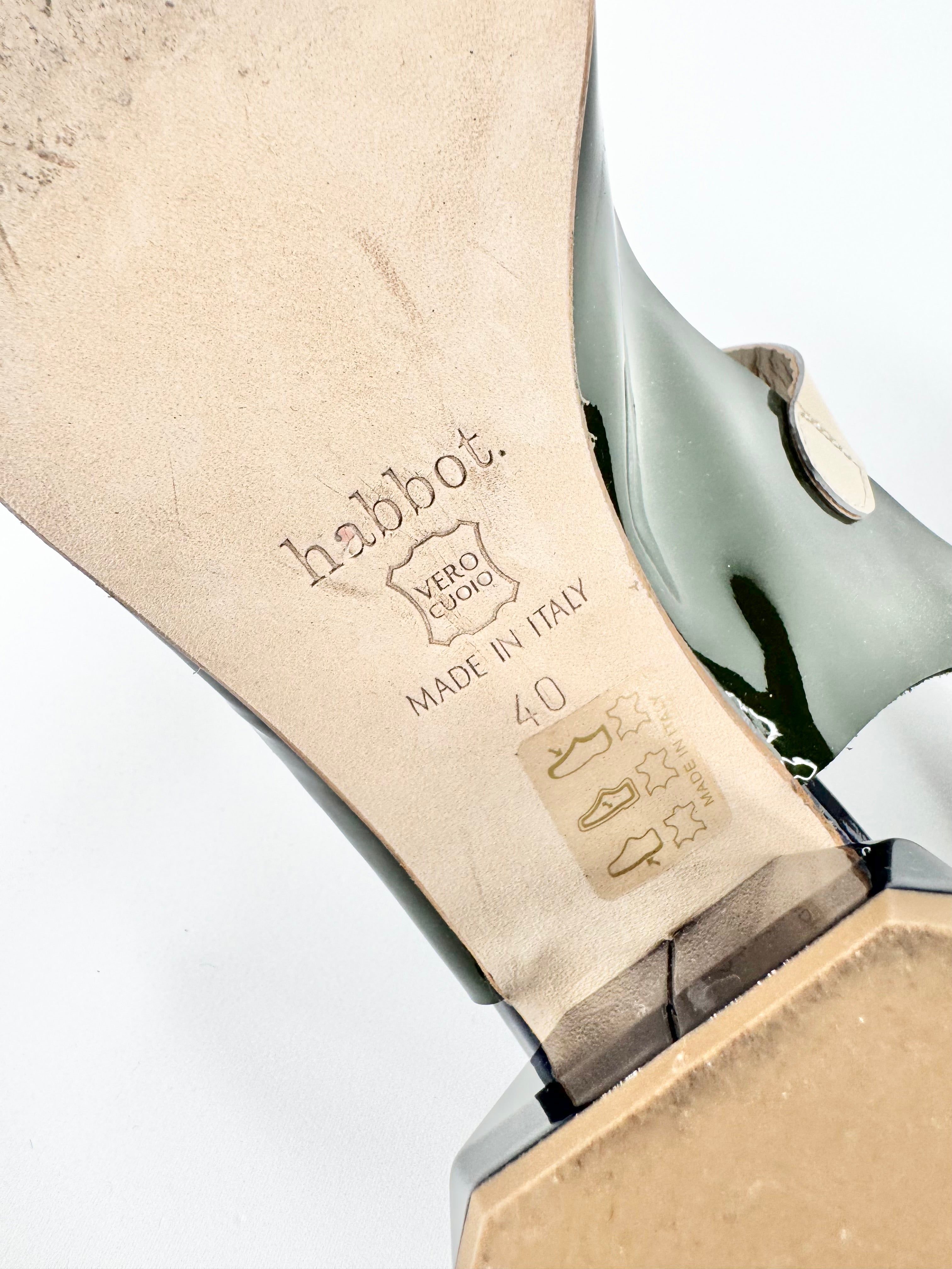 Habbot Dark Green, Navy & Beige 'Luca' Patent Leather Low Block Heel Sandals - EU40